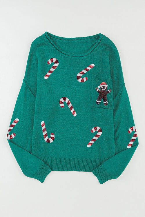 Sequin Candy Cane Gingerbread Man Knit Boat Neck Holiday Oversized Sweater