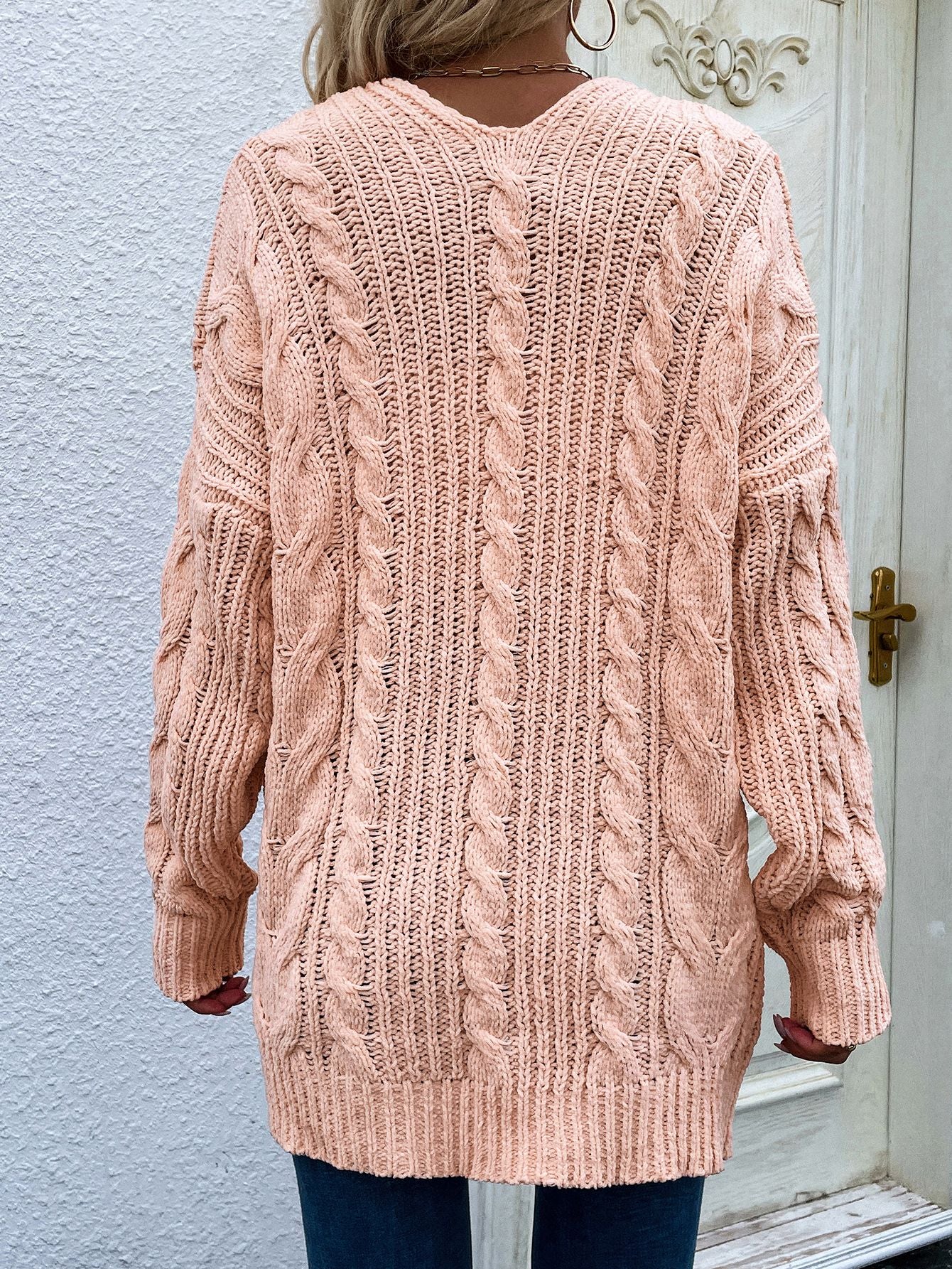 Cable-Knit Long Classic Open Front Pocket Fall Winter Boho Cardigan