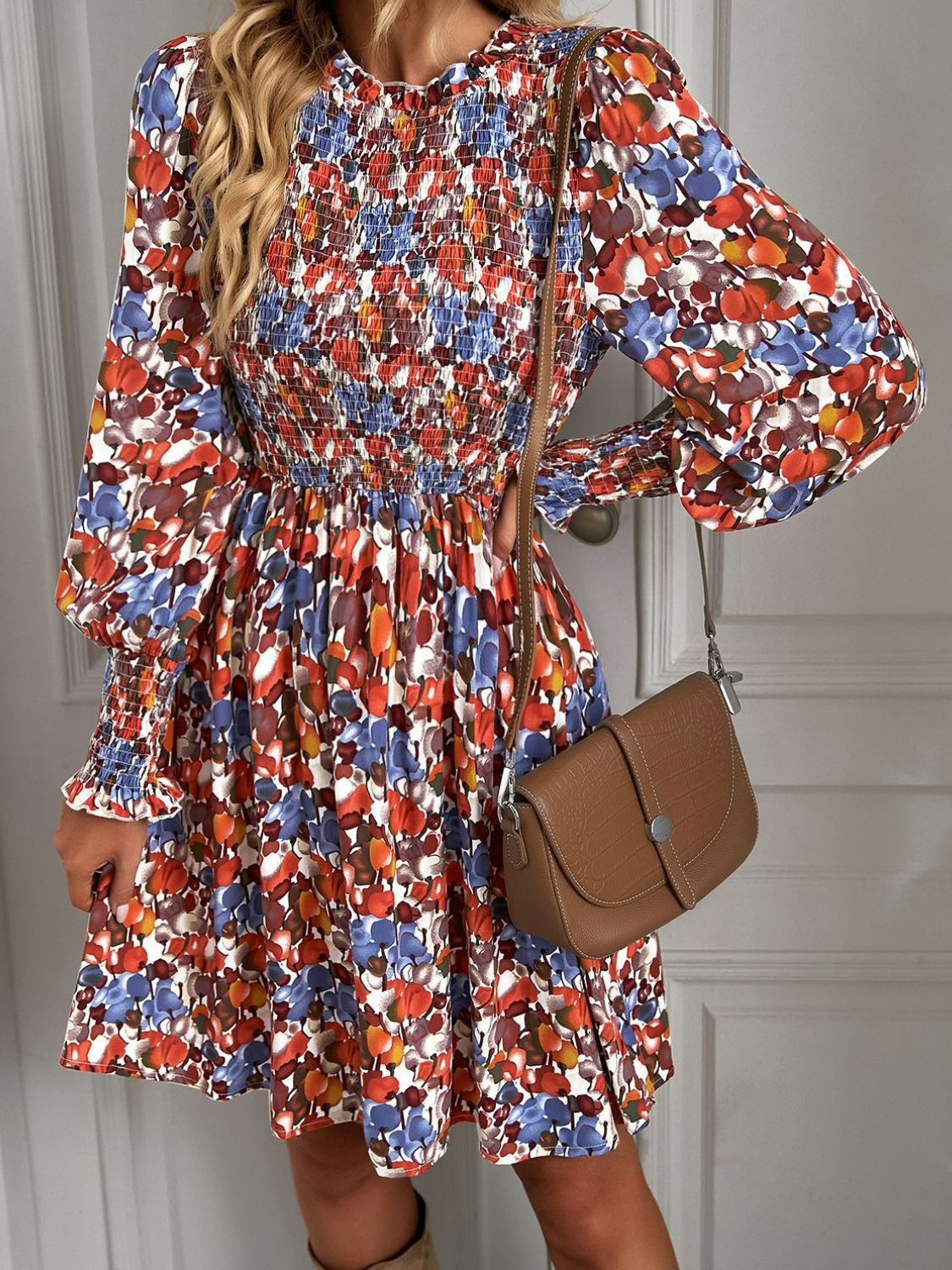 Fun Print Puff Long Sleeve Smocked Dress (4 Colors Available)