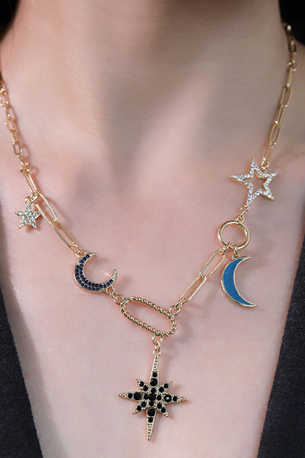 18K GOLD Plated Necklace Star and Moon Rhinestone Milti-link Chain