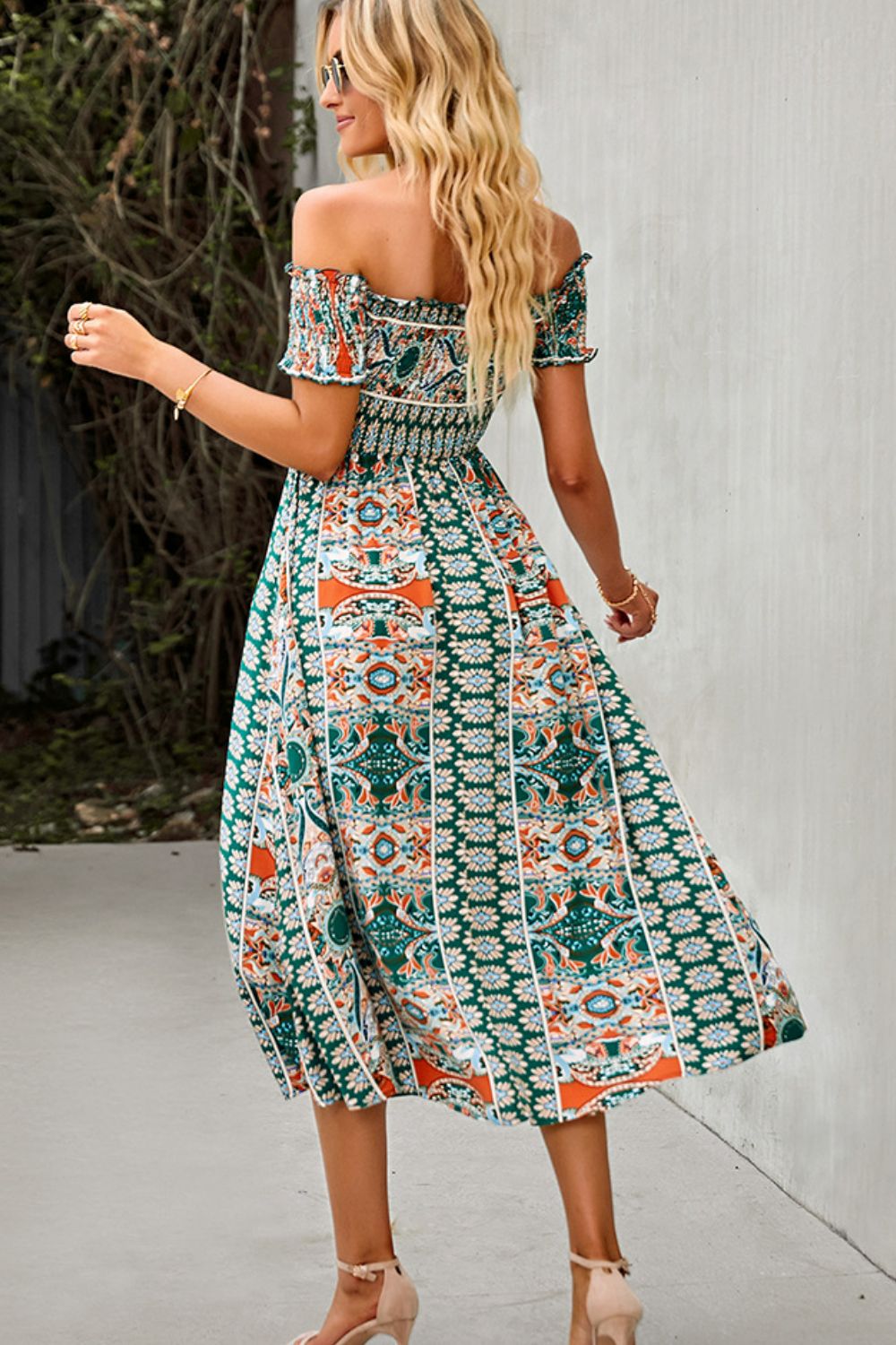 Bohemian Retro 70s Floral Smock Chest Off-Shoulder Midi Summer Dress