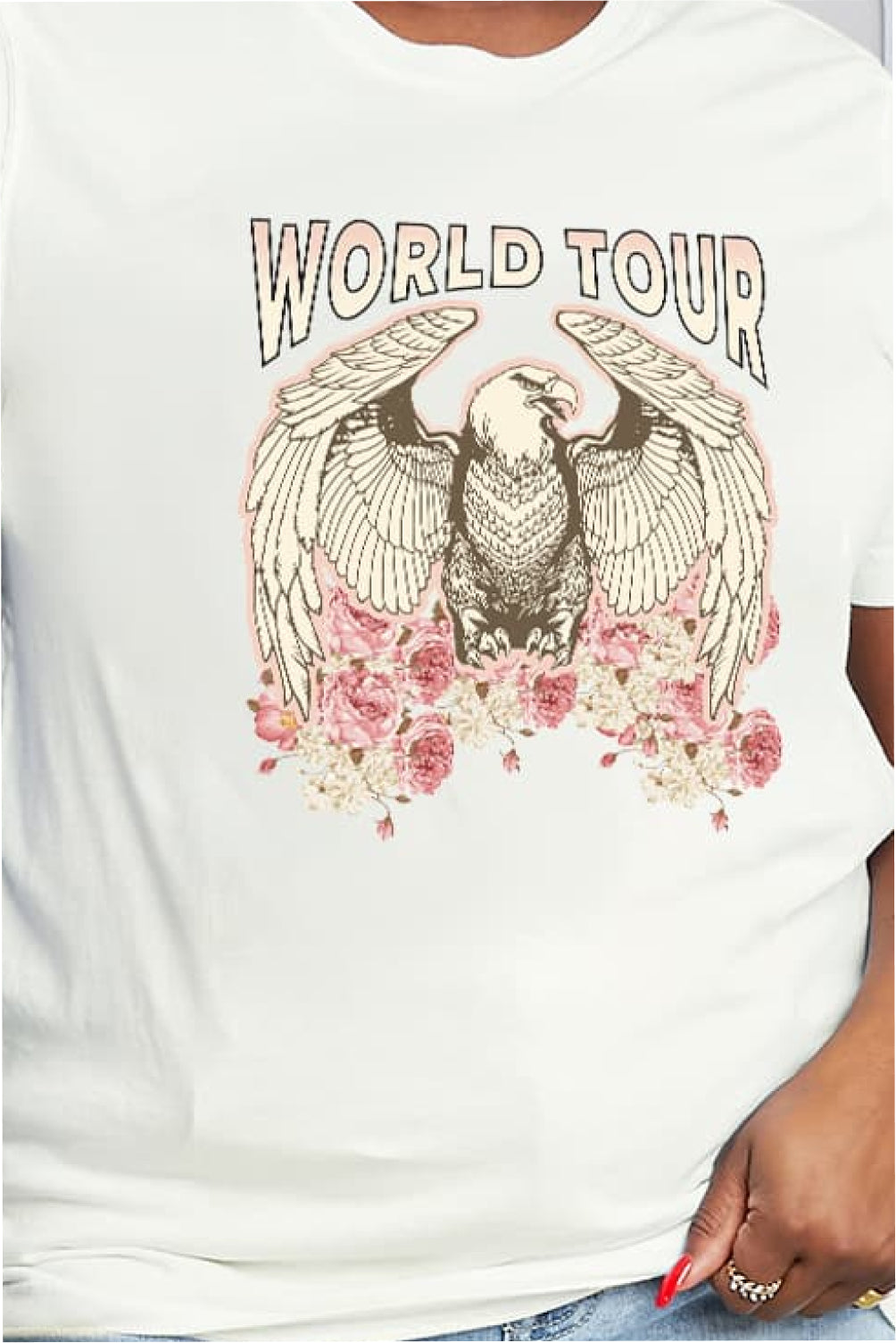 WORLD TOUR Roses American Eagle Graphic 100% Cotton Tee Shirt (Plus Size Available)