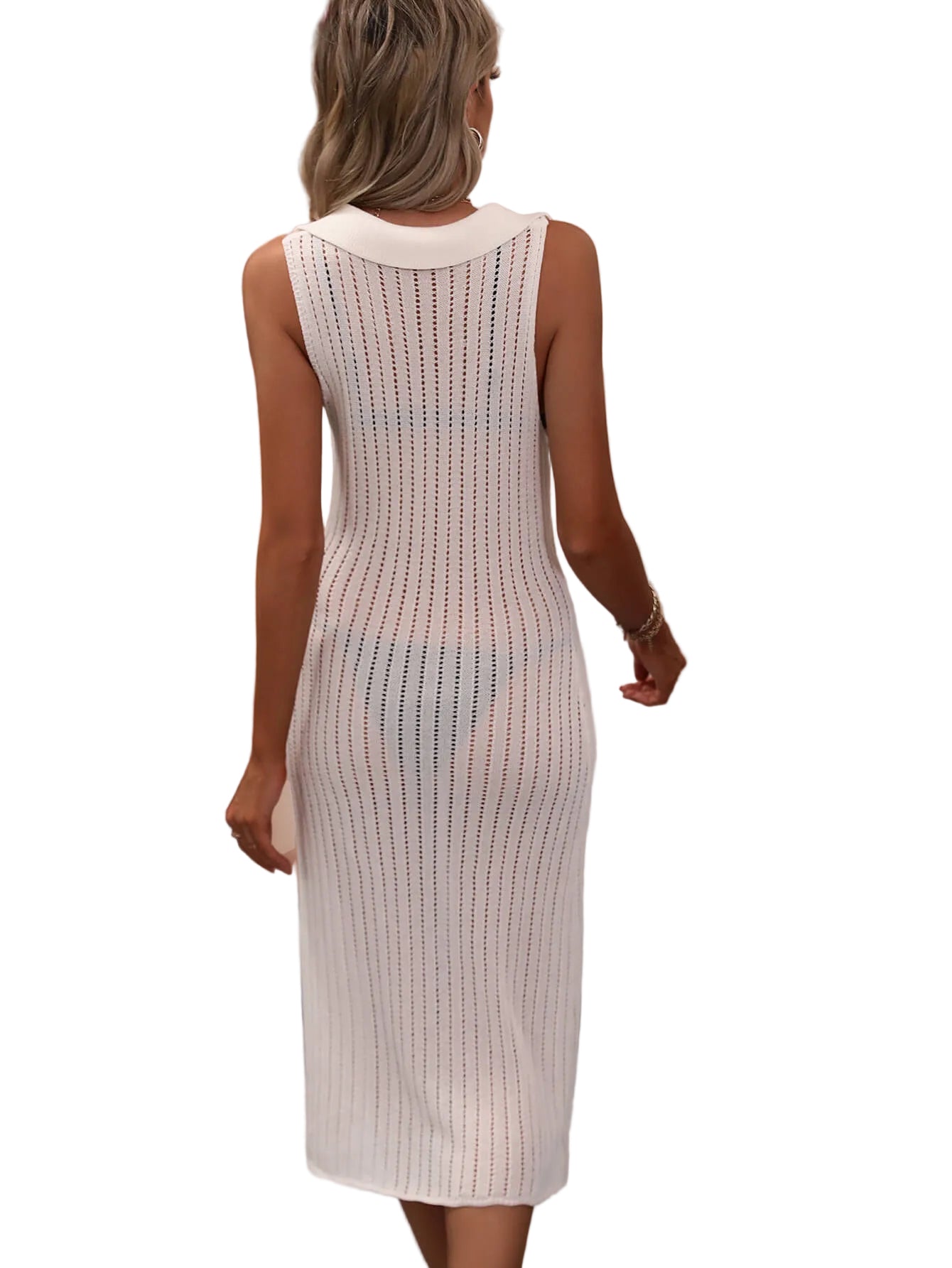 Openwork Knit Swimwear Johnny Collar Sleeveless Bodycon Cover-Up Midi Dress
