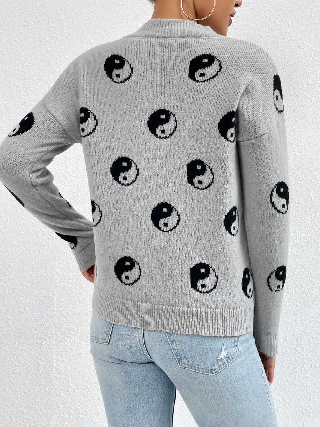 Unique Print Knit Pullover Celestial Mushroom Skull Yin Yang Sweater Shirt