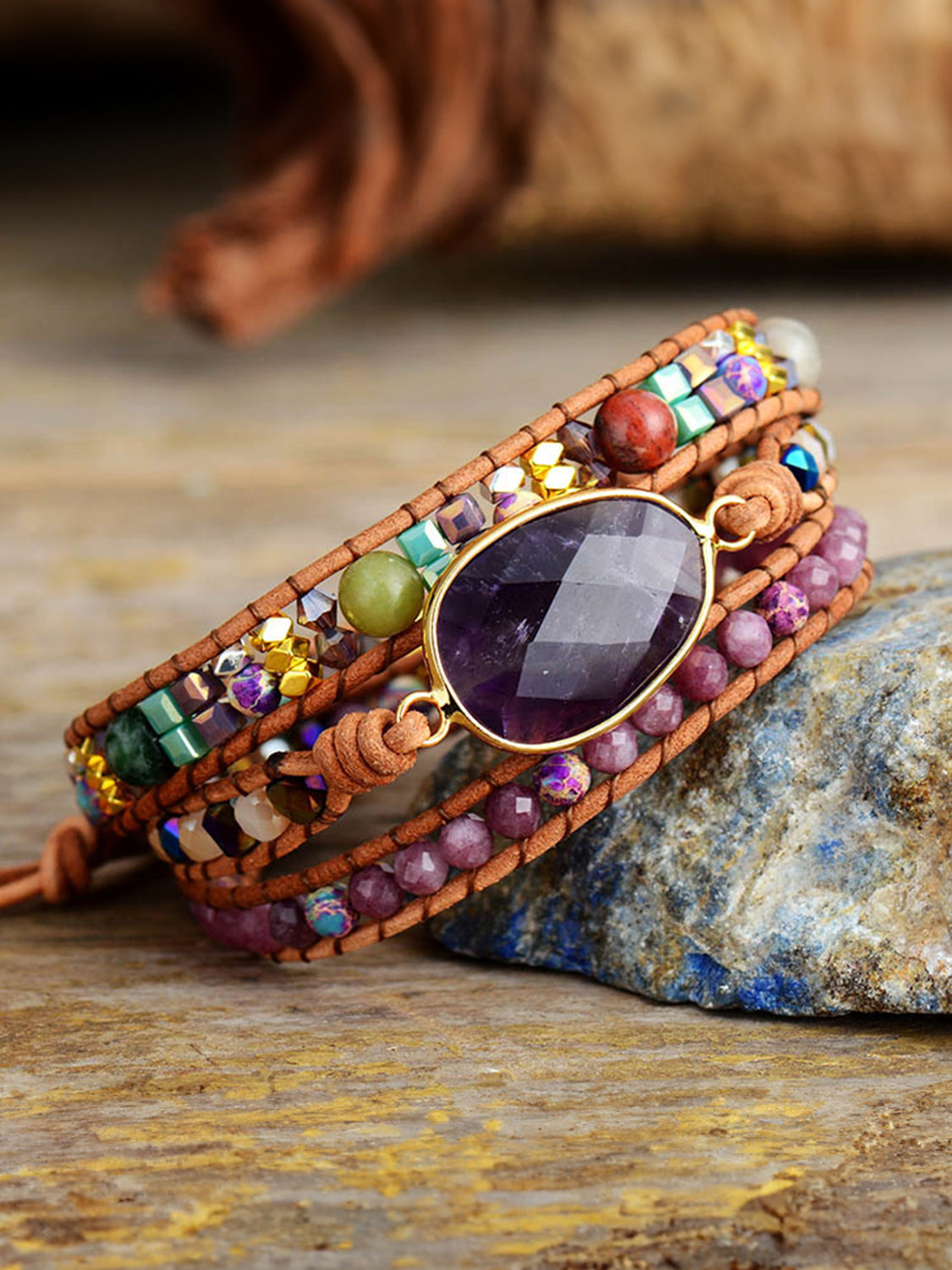 Natural Stone Amethyst Imperial Jasper Agate Multi-Strand Gemstone Wrap Bracelet