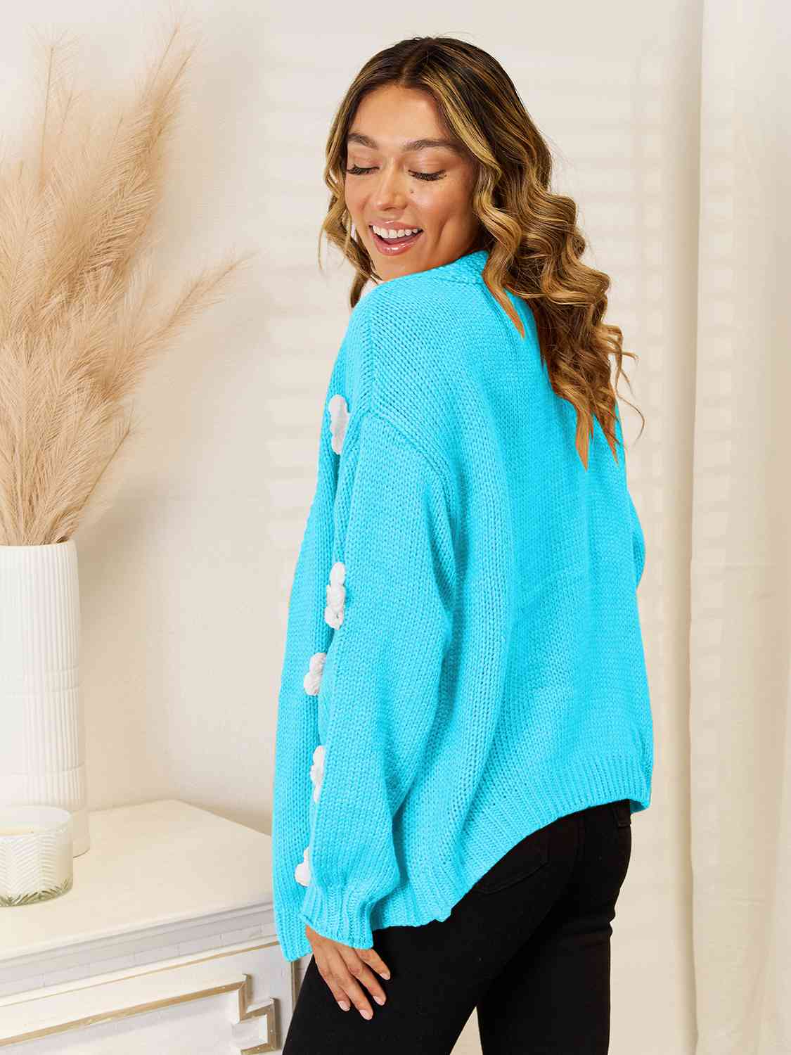 Contrasting 3D Crochet Flower Long Sleeve Open Front Oversized Knit Cardigan