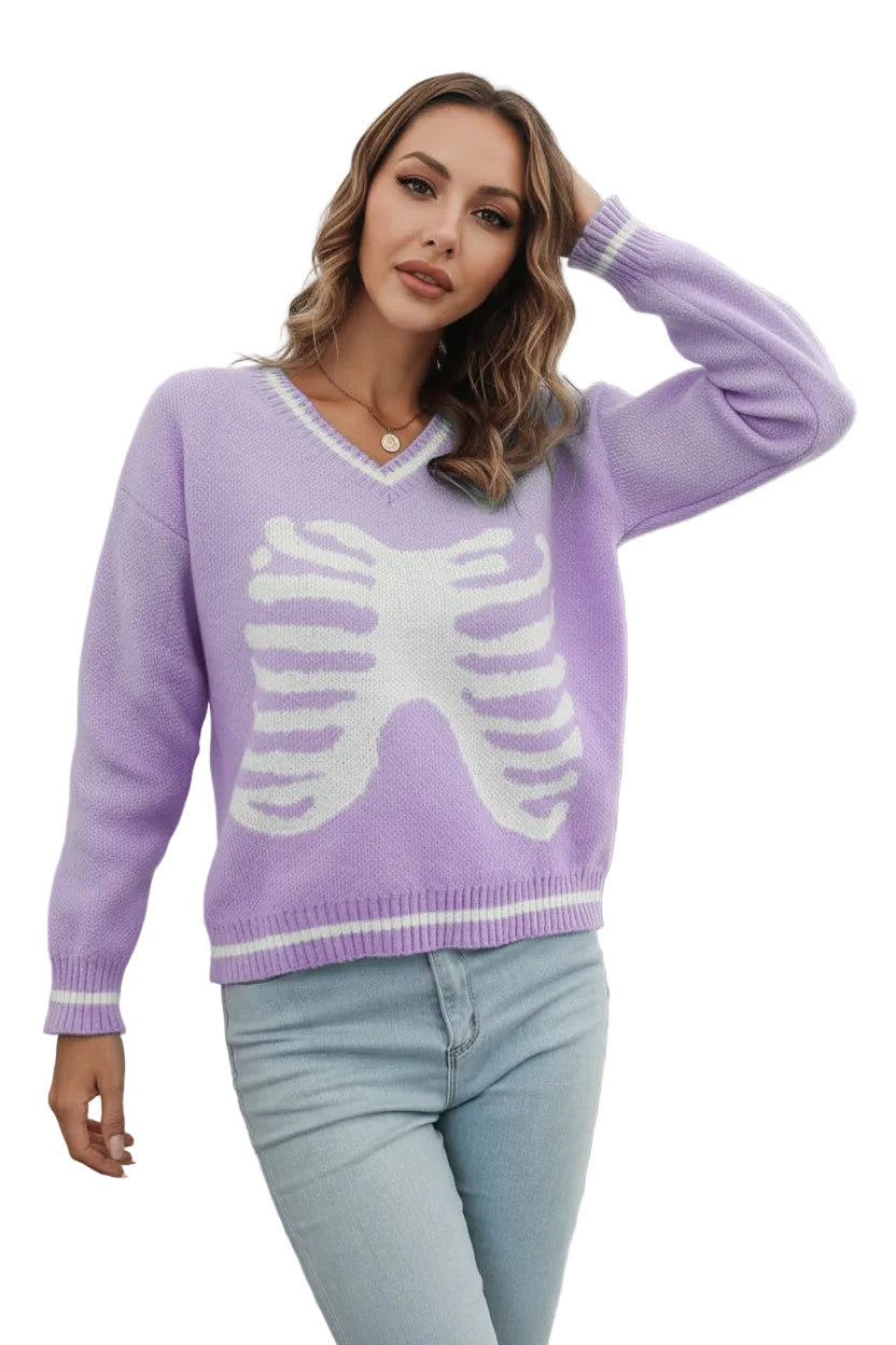 Skeleton Rib Cage V-Neck Top Long Sleeve Knit Pullover Sweater Halloween Grunge