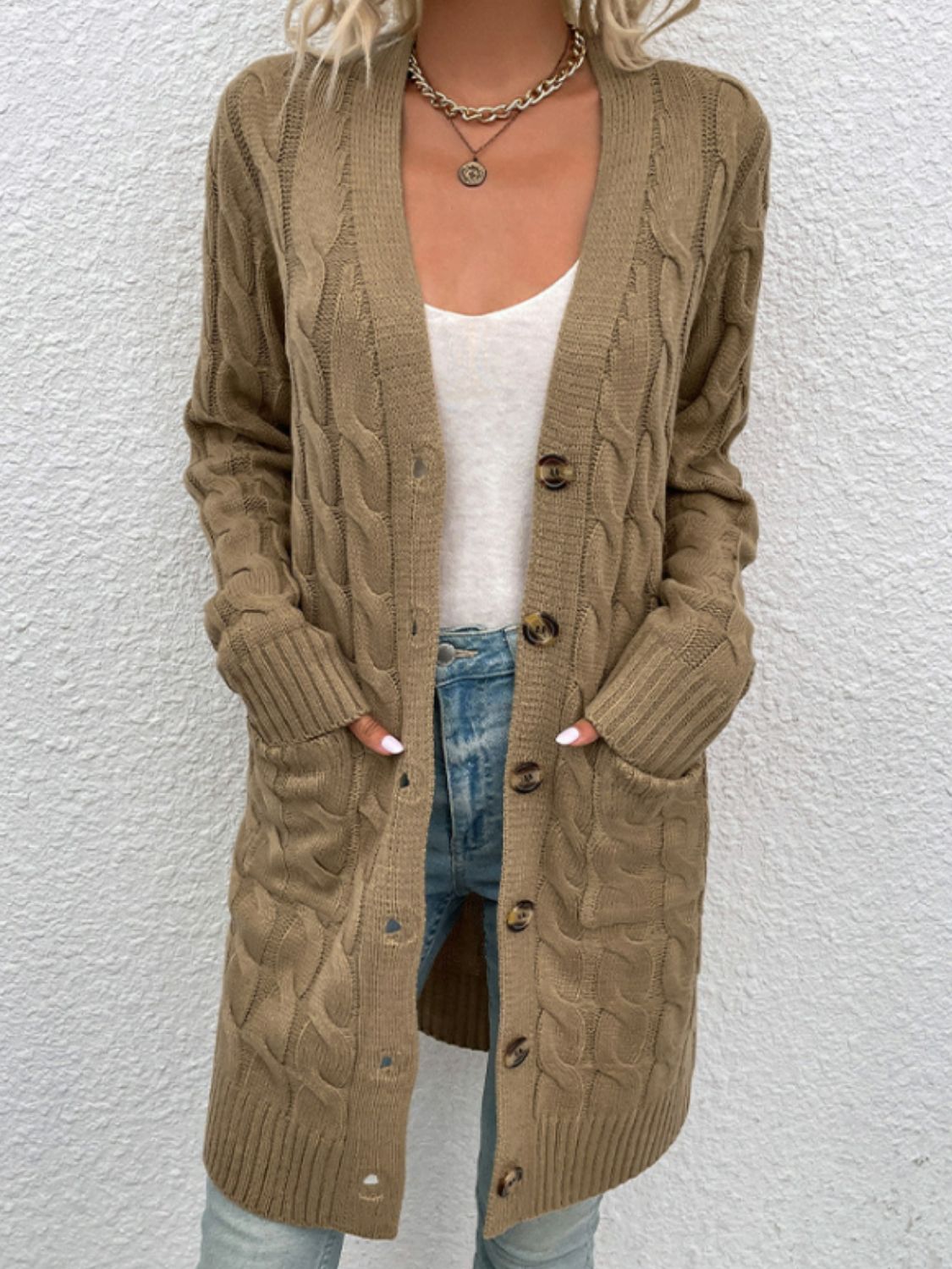 Chunky Cable-Knit Classic Button Front Long Cardigan with Pockets