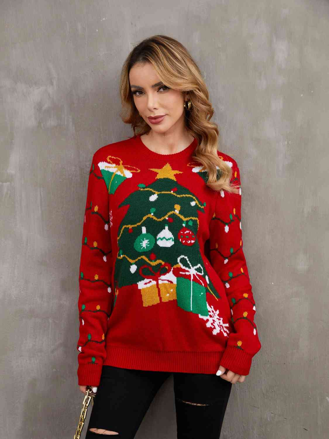 Bold Knit Christmas Tree Lights Round Neck Classy Holiday Winter Sweater