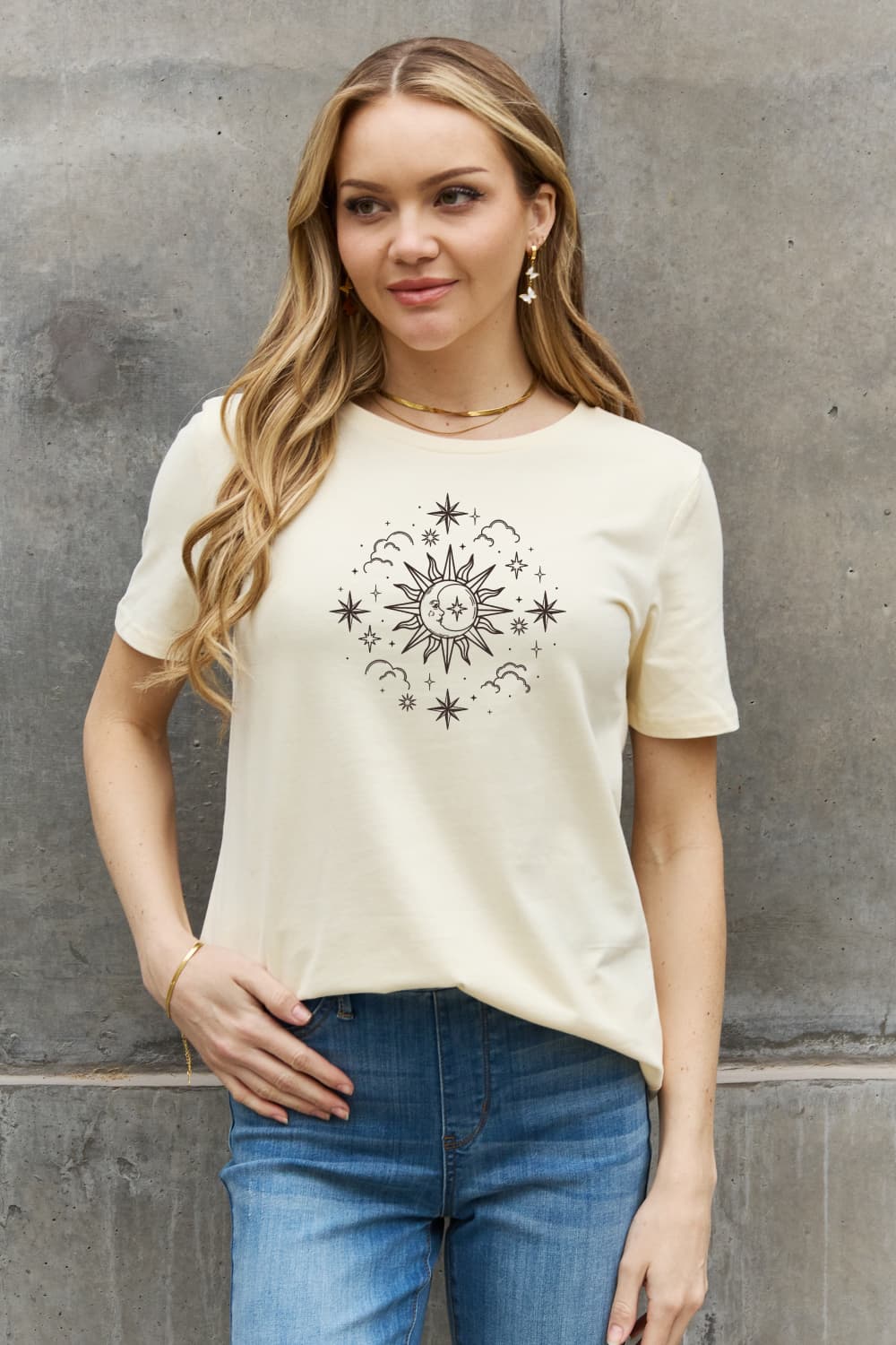 SUN MOON CLOUDS Celestial Graphic Short Sleeve 100% Cotton Tee Shirt (Plus Size Available)