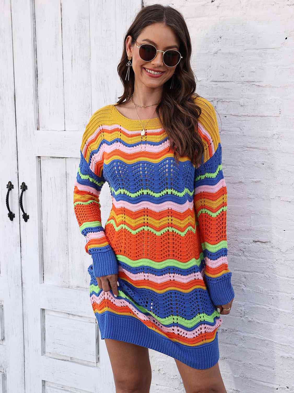 Retro 70s Revival Openwork Knit Long Sleeve Mini Sweater Dress Zigzag Stripe