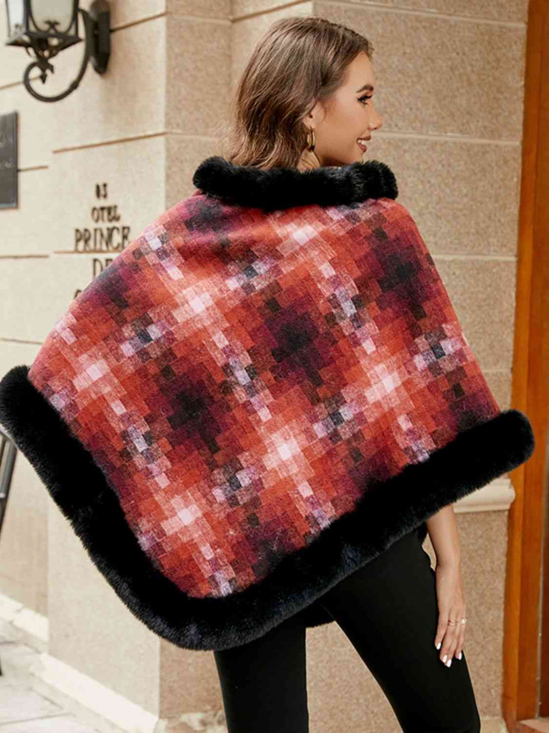 Faux Plush Fur Checker Ombre Glitch Oversized Pullover Sweater Jacket Poncho