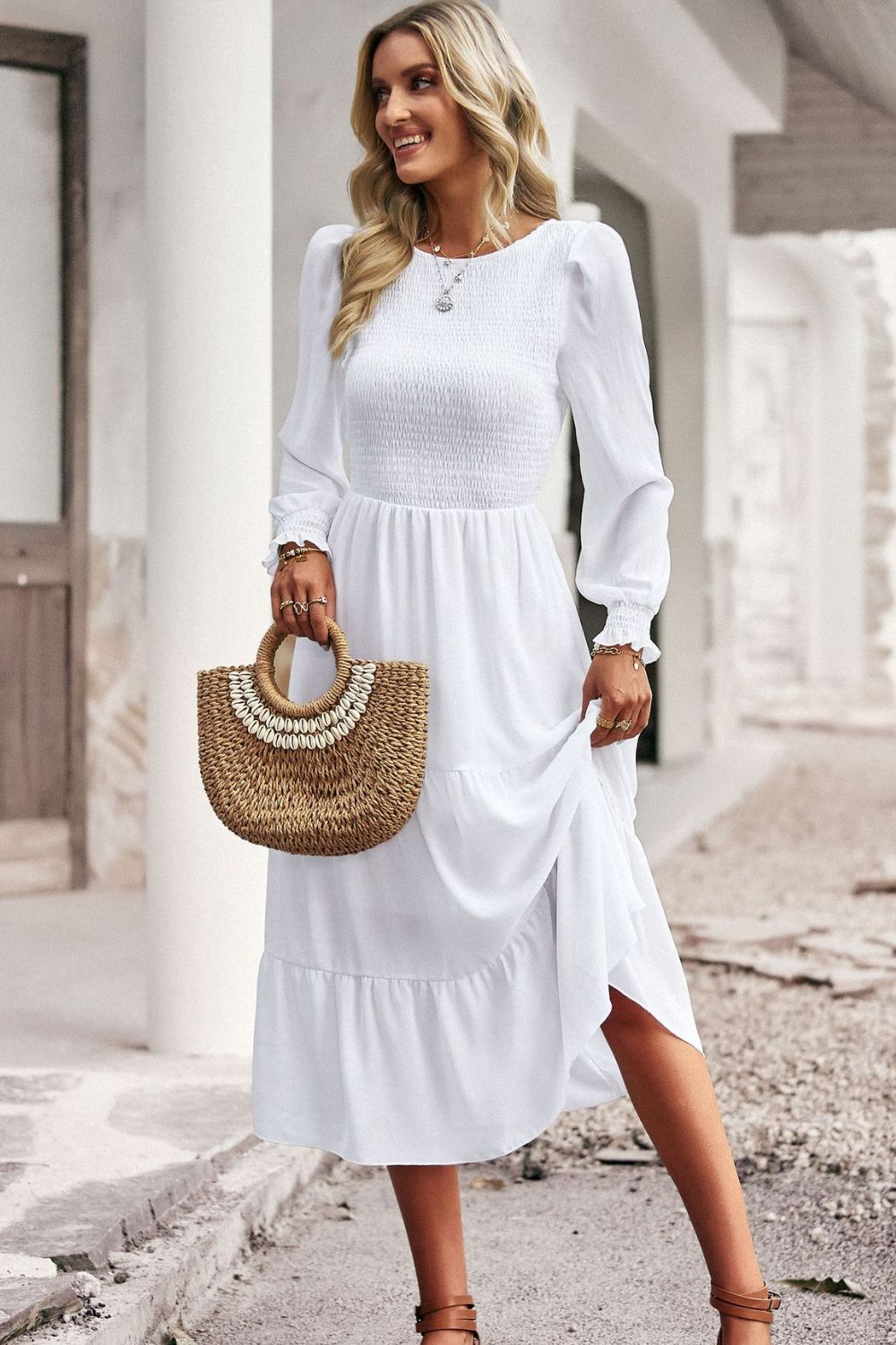 Elegant Smocked Bodice Flounce Long Sleeve Lined Midi Dress