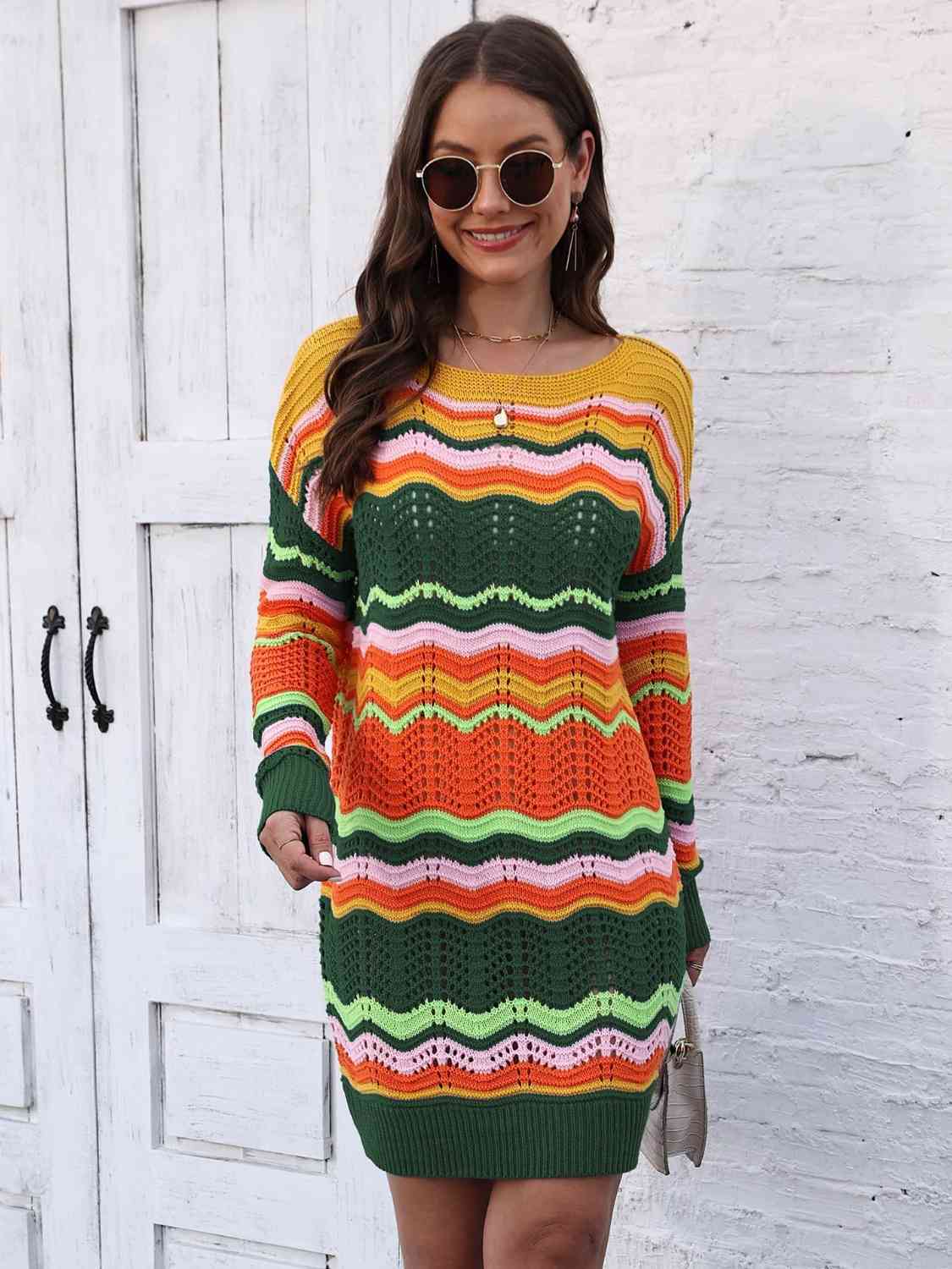 Retro 70s Revival Openwork Knit Long Sleeve Mini Sweater Dress Zigzag Stripe