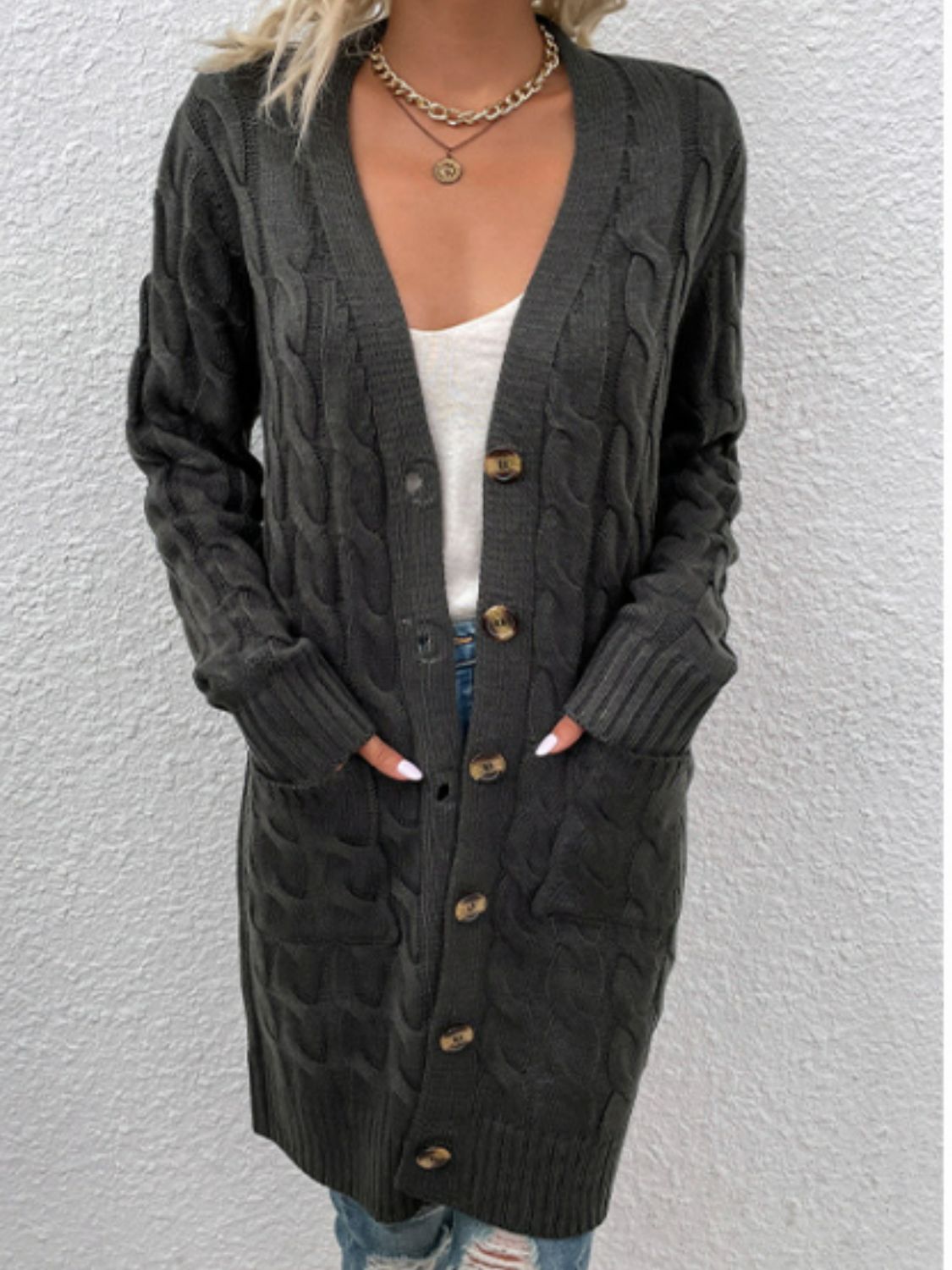 Chunky Cable-Knit Classic Button Front Long Cardigan with Pockets