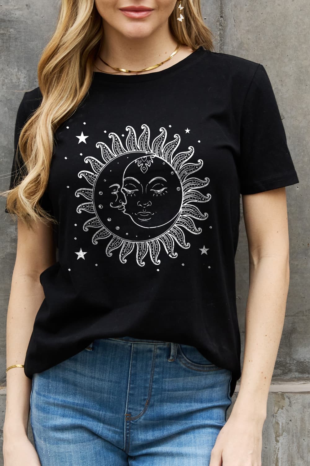 Sun and Moon Face Celestial Spiritual Graphic 100% Cotton Short-sleeve Tee