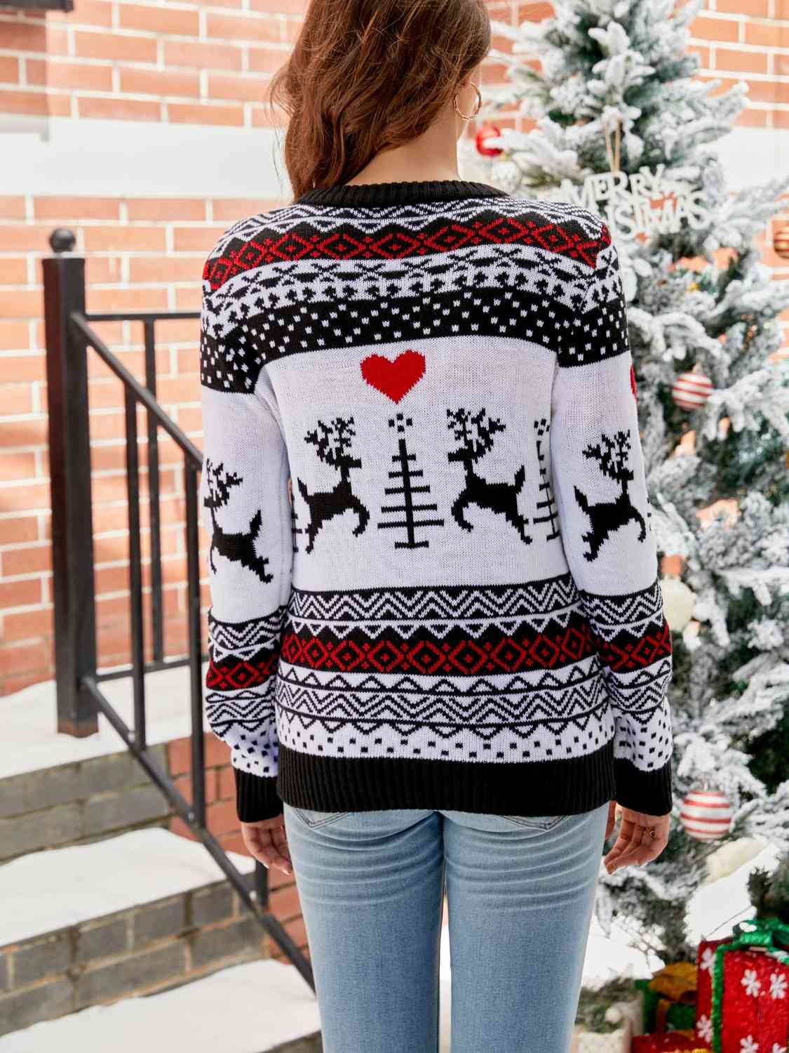 Reindeer Heart Knit Round Neck Winter Holiday Long Sleeve Christmas Sweater