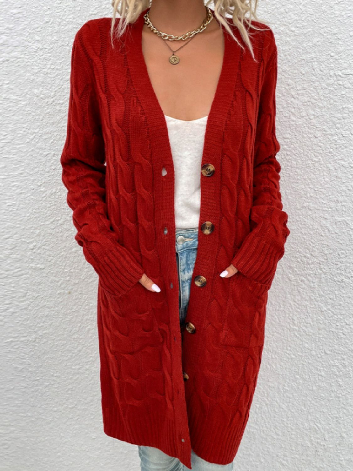 Chunky Cable-Knit Classic Button Front Long Cardigan with Pockets