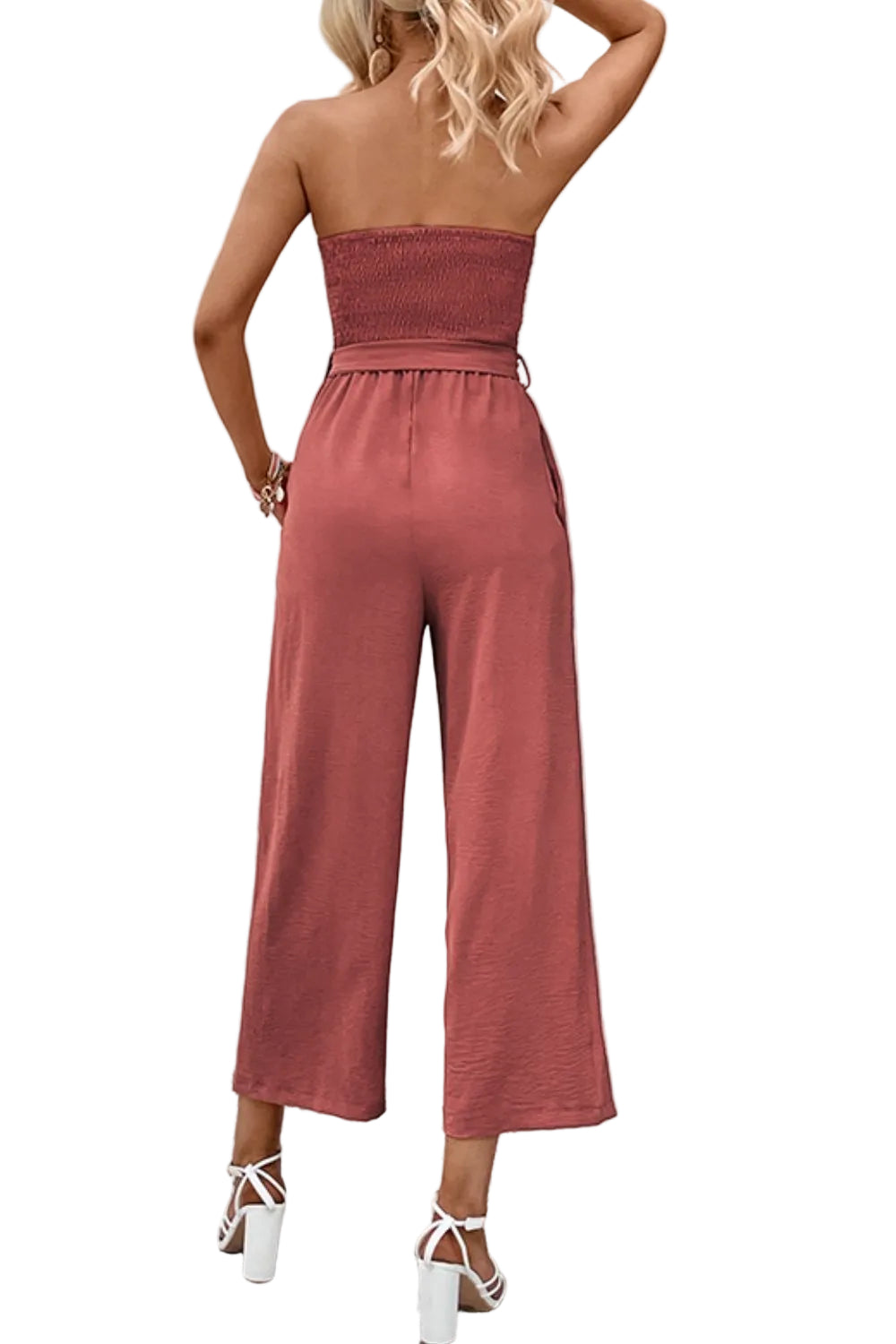 Strapless Smocked Bodice Button Belted Waist Cropped Pant Wide-Leg Jumpsuit