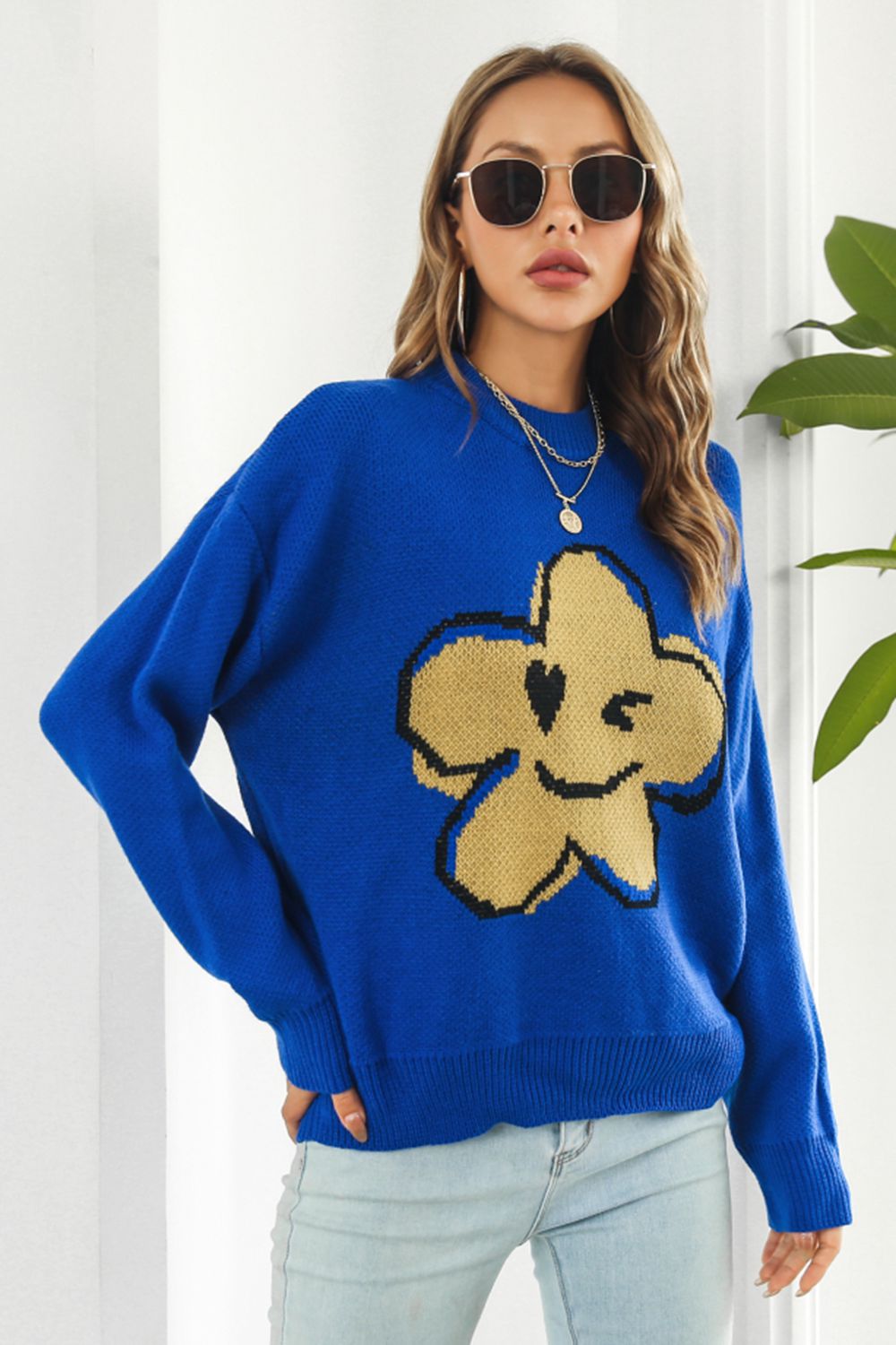 Smiley Face Abstract Flower Bold Color Knit Pullover Long Sleeve Sweater Shirt