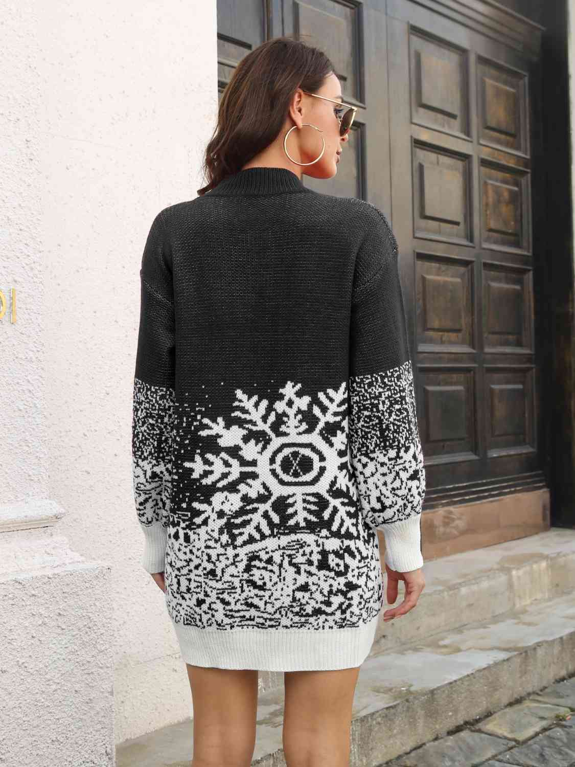 Contrasting Color Snowflake Classic Knit Long Sleeve Mini Sweater Dress