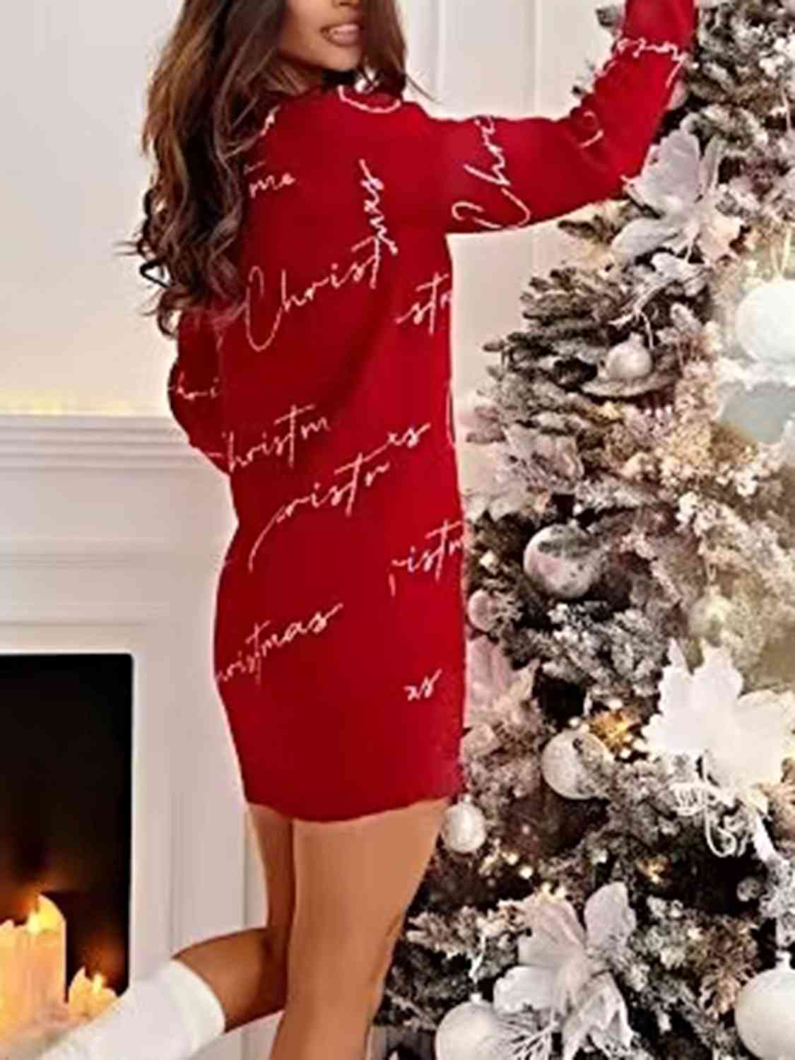 Christmas Contrasting Print Classic Knit Long Sleeve Mini Sweater Dress