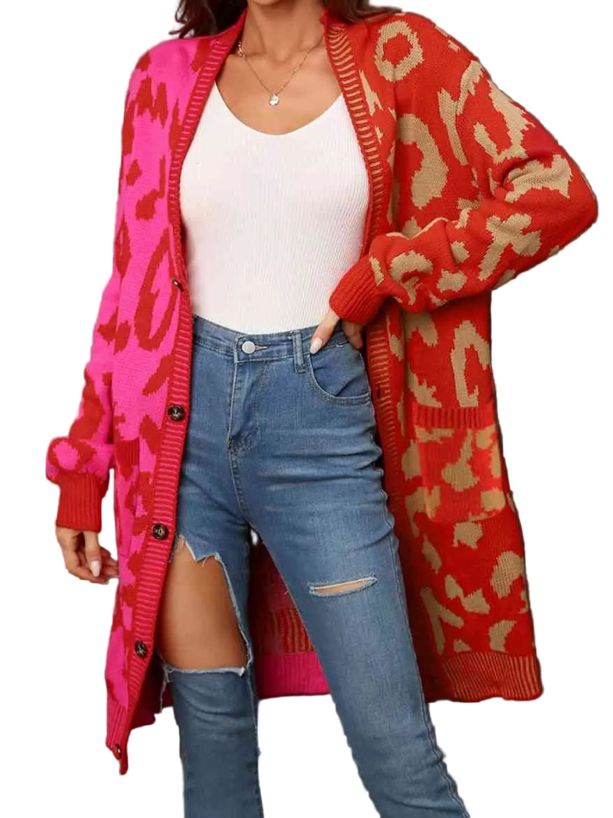 Colorblock Leopard Print Longline Button Front Long Sleeve Oversized Cardigan