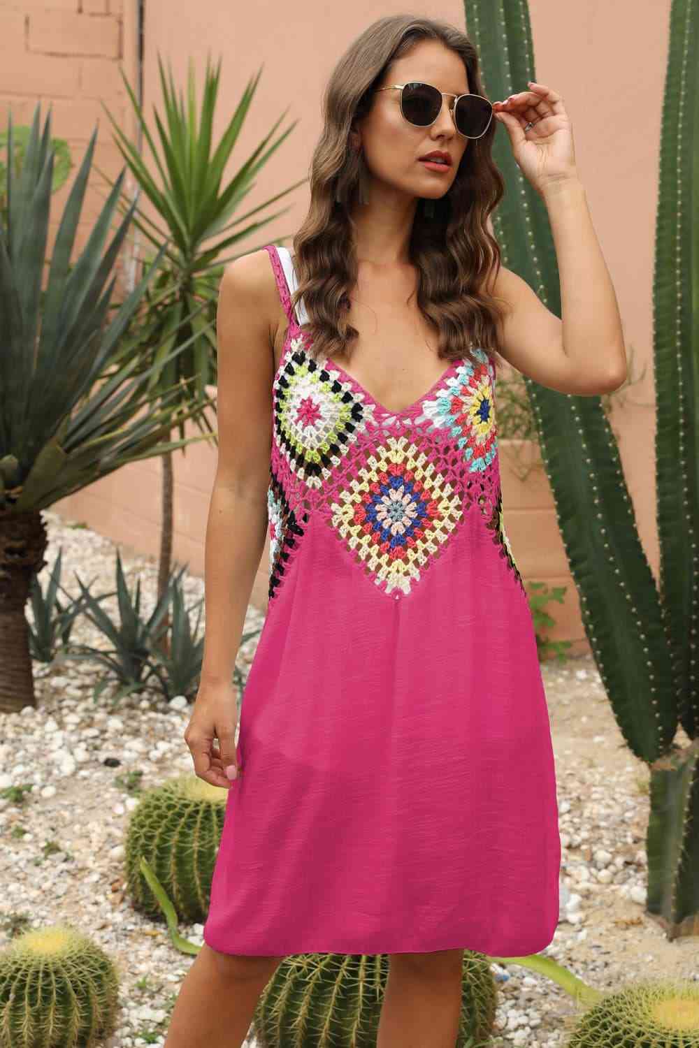 Granny Square Crochet Openwork Retro Swimwear Cover-Up Sleeveless Mini Dress