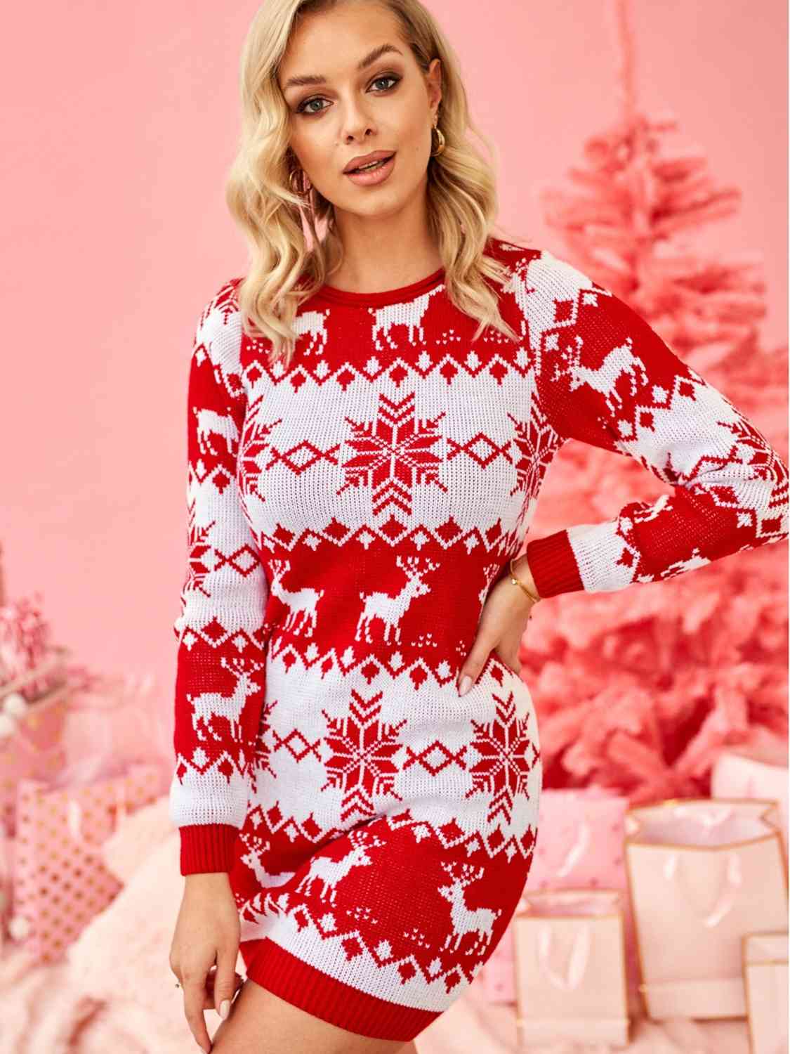 Fair Isle Reindeer Snowflake Classic Knit Long Sleeve Mini Sweater Dress