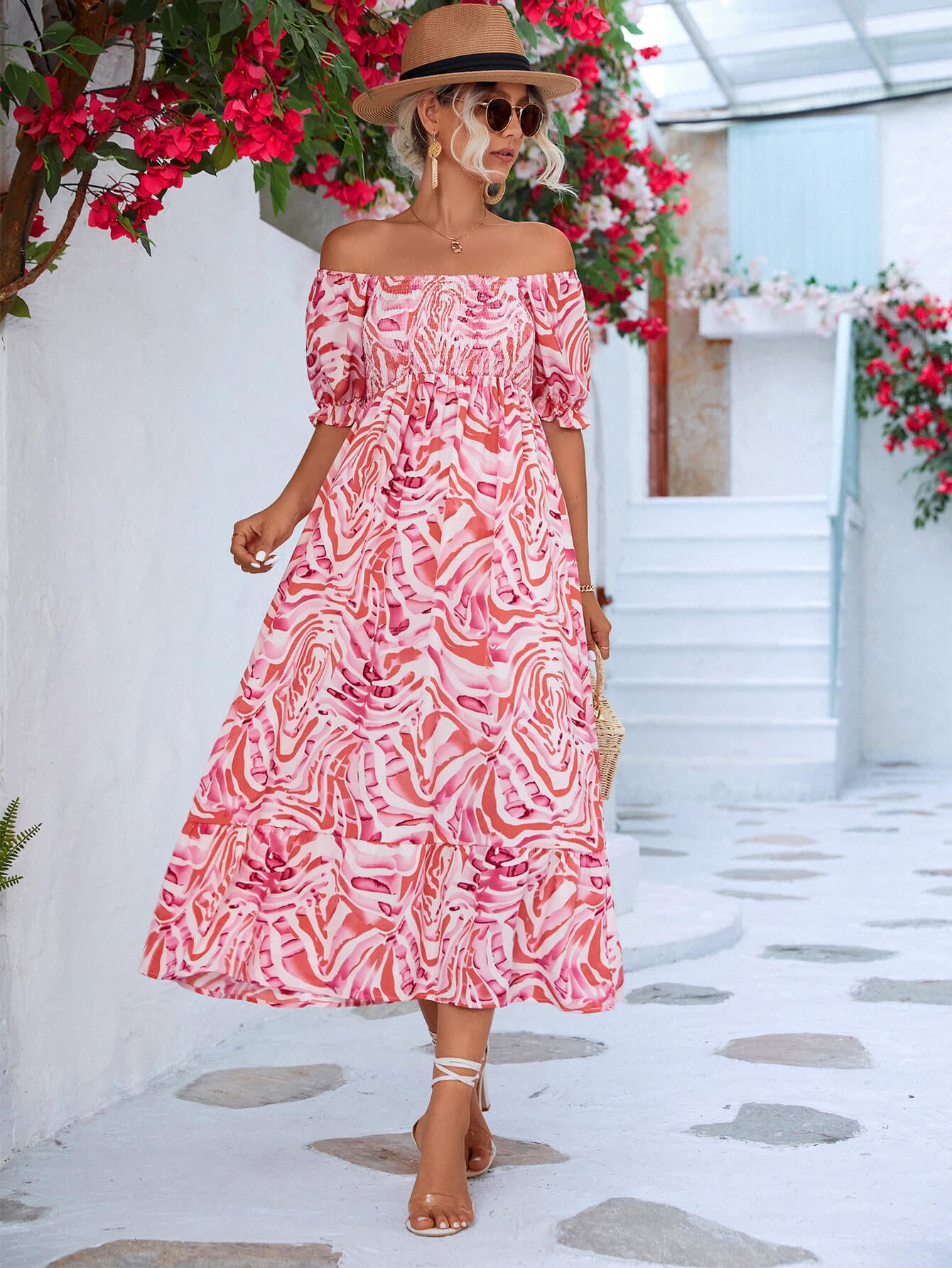 Off The Shoulder Smocked Bodice Flowing Midi Summer Dress