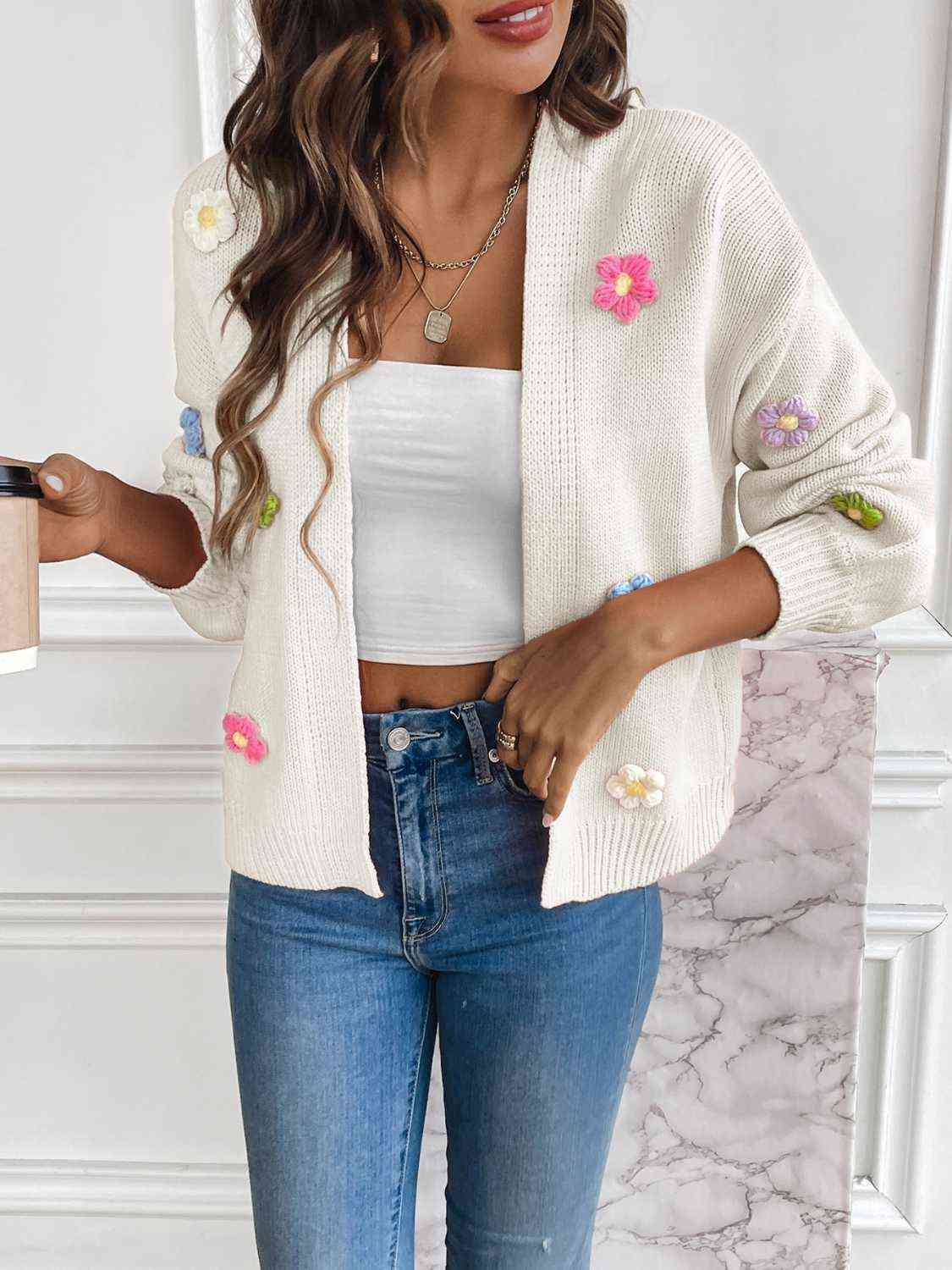 Colorful Crochet Daisy Flower Long Sleeve Open Front Waffle Knit Cardigan Sweater