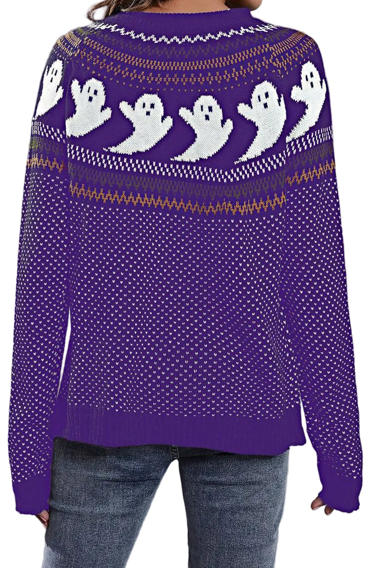 Ghost Fair Isle Nordic Crew Neck Top Long Sleeve Halloween Pullover Knit Sweater