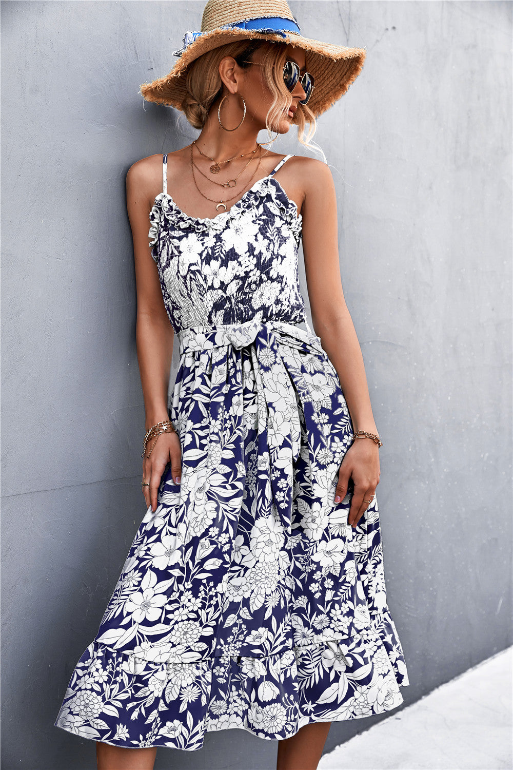 Chic Floral Ruffle Tie Belt Midi Summer Dress