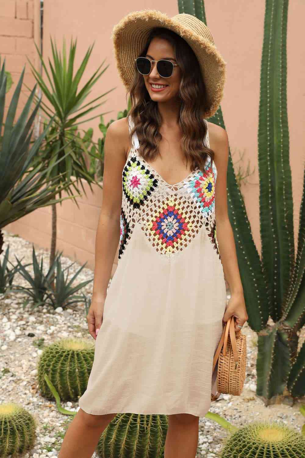 Granny Square Crochet Openwork Retro Swimwear Cover-Up Sleeveless Mini Dress