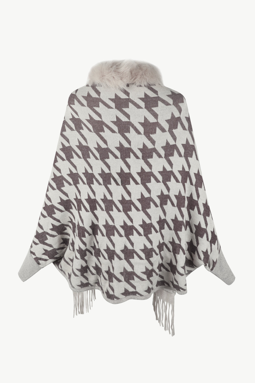 Faux Fur Retro Fringe Hem Oversized Houndstooth Knit Cardigan Poncho