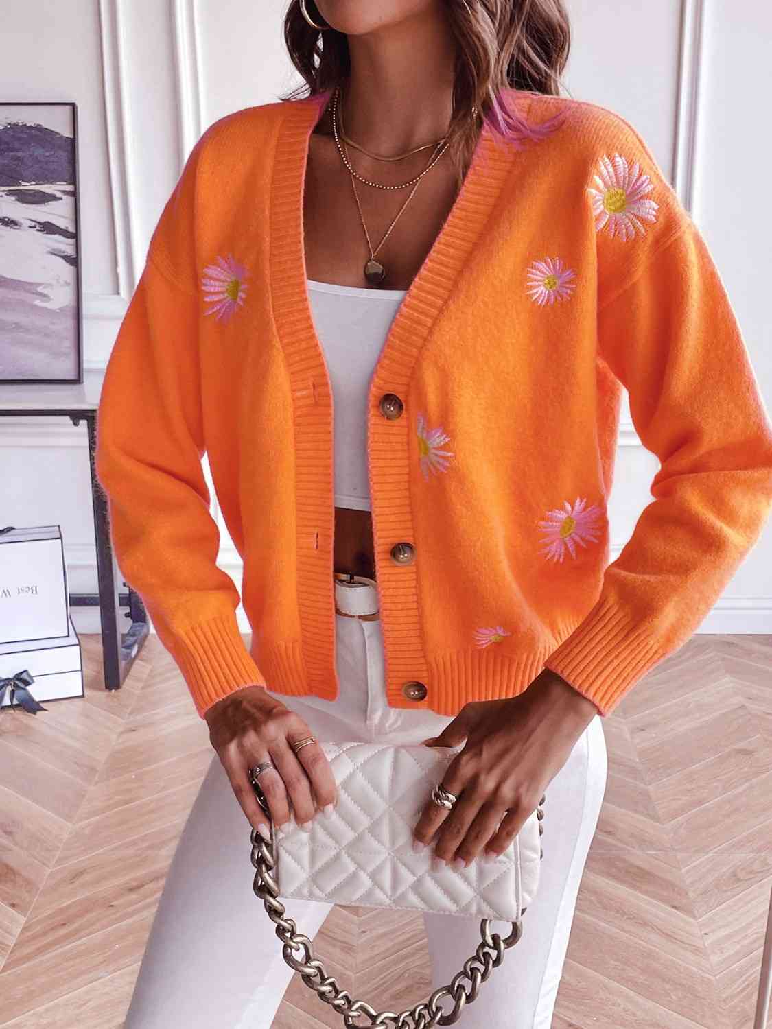 Embroidered Cropped Knit Button Front Retro Long Sleeve Soft Cardigan