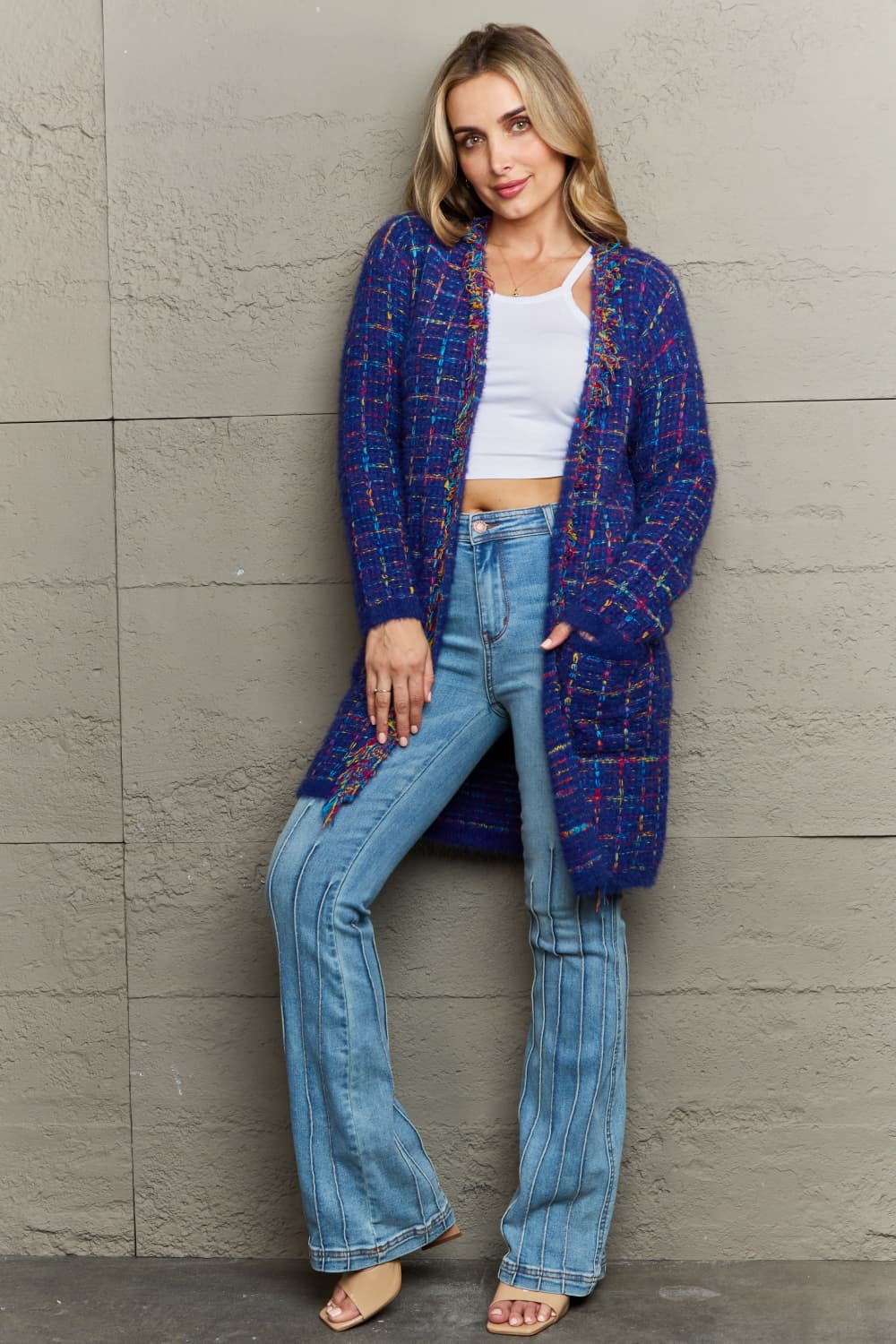 Plaid Retro Knit Colorful Fringe Fur Hem Longline Sweater Cardigan