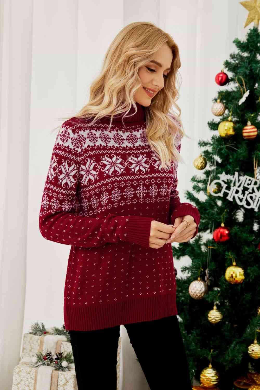 Snowflake Turtleneck Knit Fair Isle Geometric Classic Pullover Winter Sweater