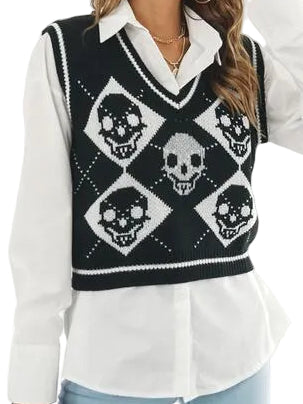 Skull Argyle V-Neck Boxy Knit Sweater Vest Contrast Stripe Sleeveless Pullover Top