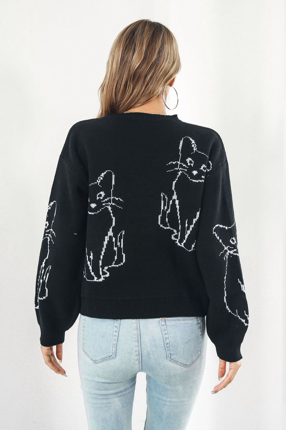 Kitty Cat Knit Round Neck Long Sleeve Pullover Sweater