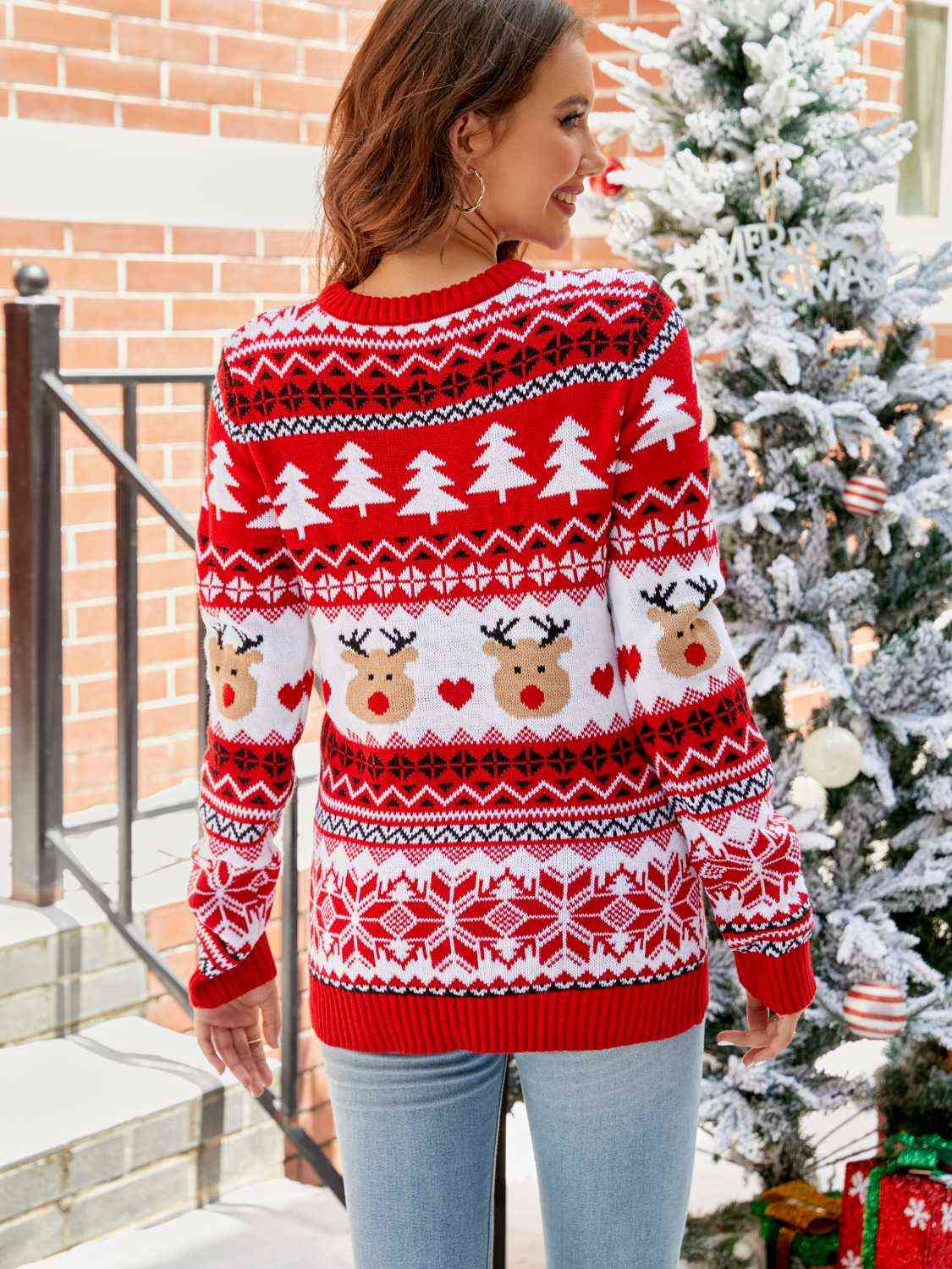 Knit Reindeer Heart Round Neck Winter Holiday Long Sleeve Christmas Sweater