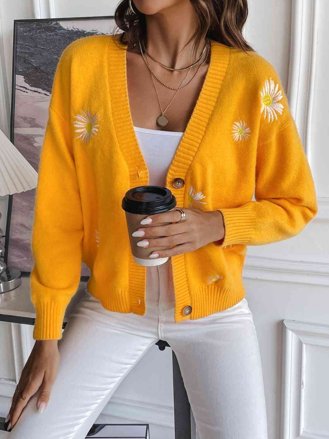 Embroidered Cropped Knit Button Front Retro Long Sleeve Soft Cardigan