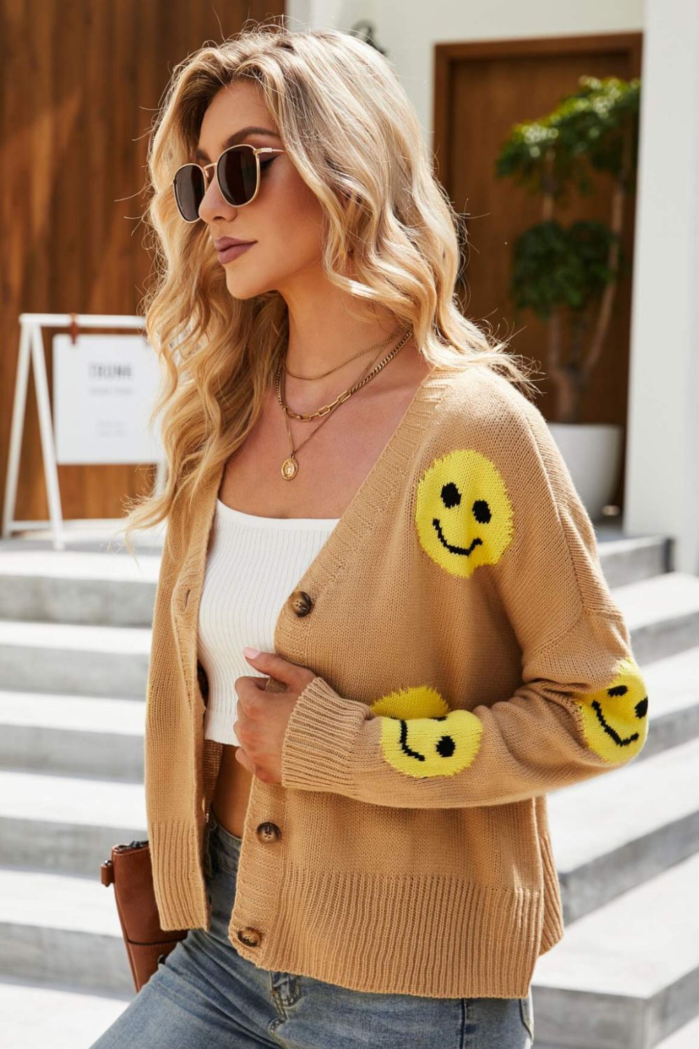 Retro Smiley Face Cropped Classic Knit Button Front Long Sleeve Cardigan