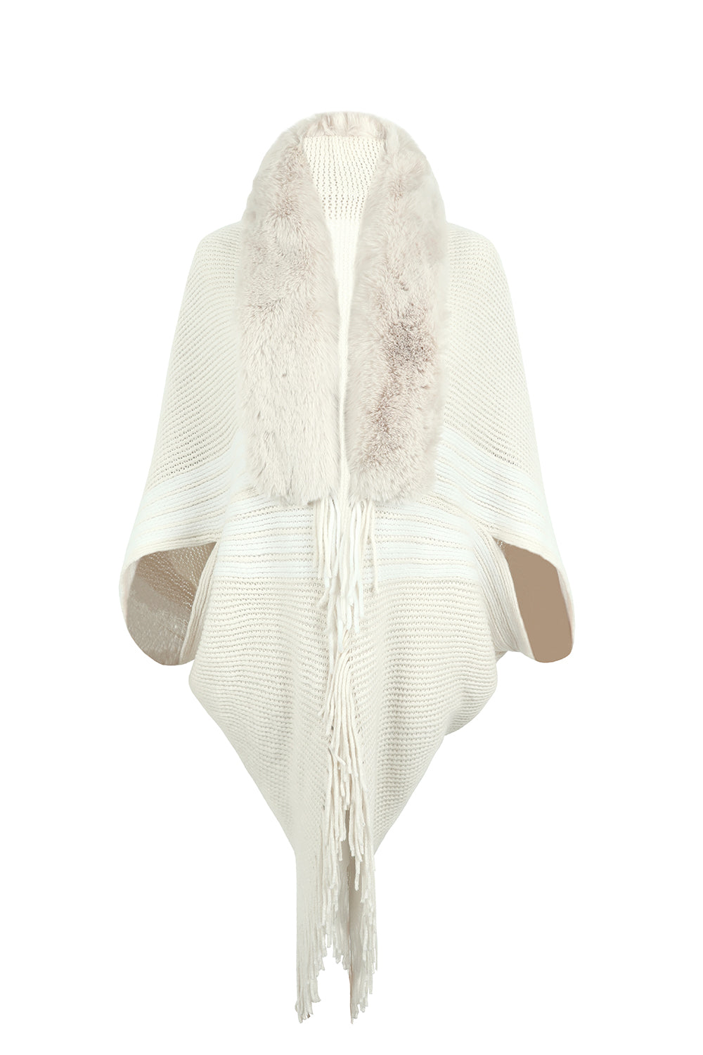 Faux Fur Fringe Hem Oversized Knit Stripe Cardigan Poncho