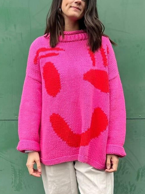 Knit Smiley Face Color Contrast Abstract Long Sleeve Oversized Pullover Sweater Top