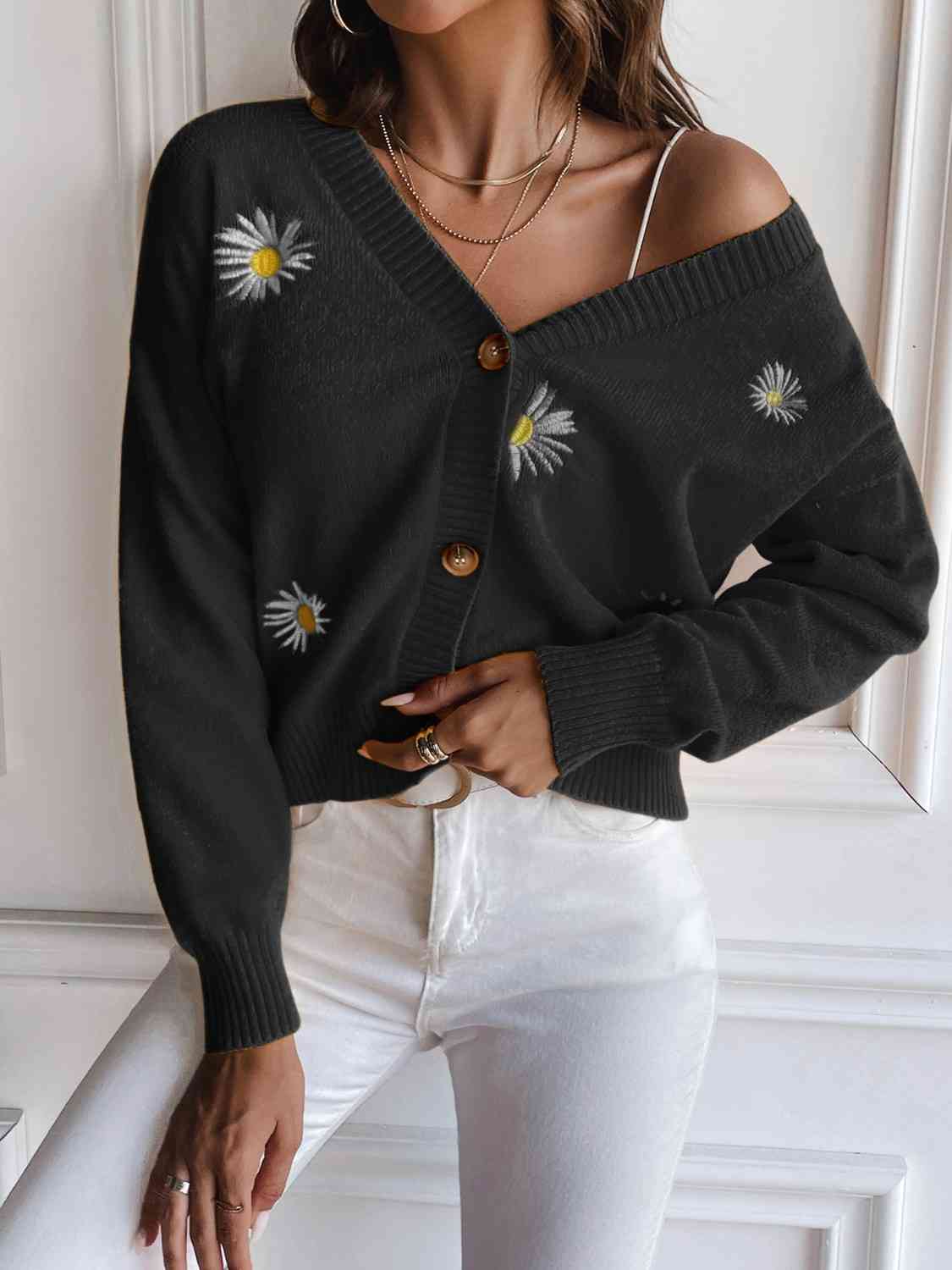 Embroidered Cropped Knit Button Front Retro Long Sleeve Soft Cardigan