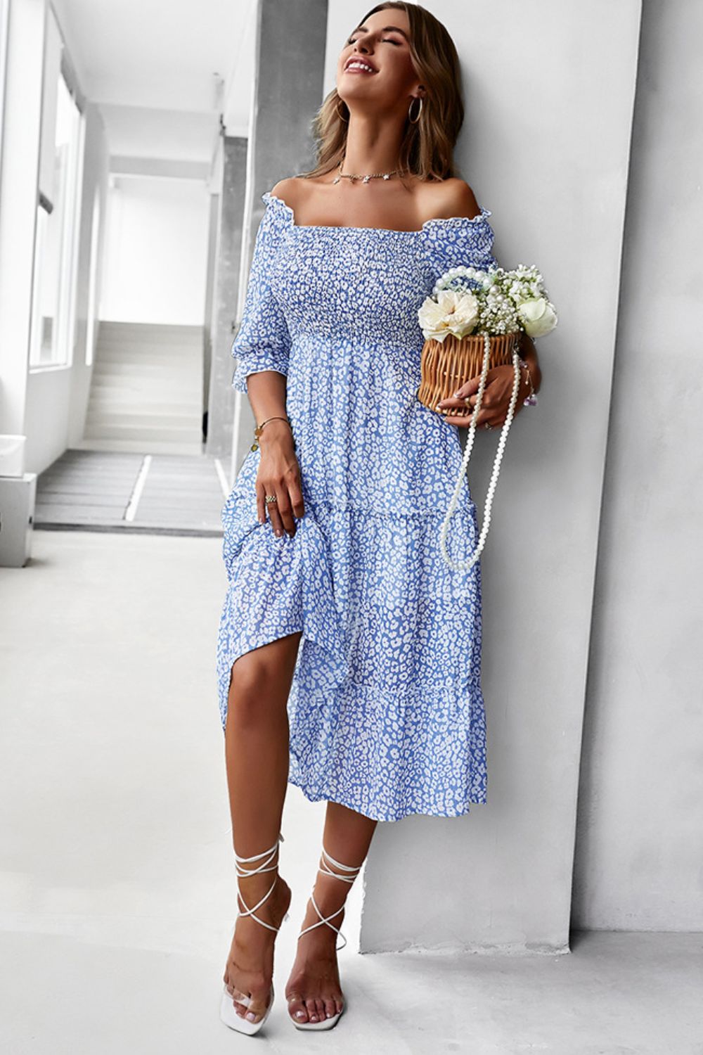 Pastel Ditsy Floral Midi Off-Shoulder Smocked Dress