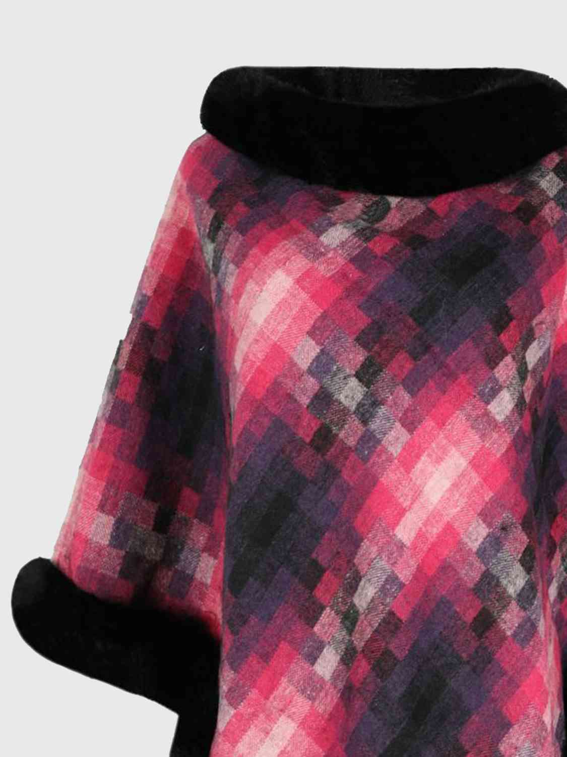 Faux Plush Fur Checker Ombre Glitch Oversized Pullover Sweater Jacket Poncho