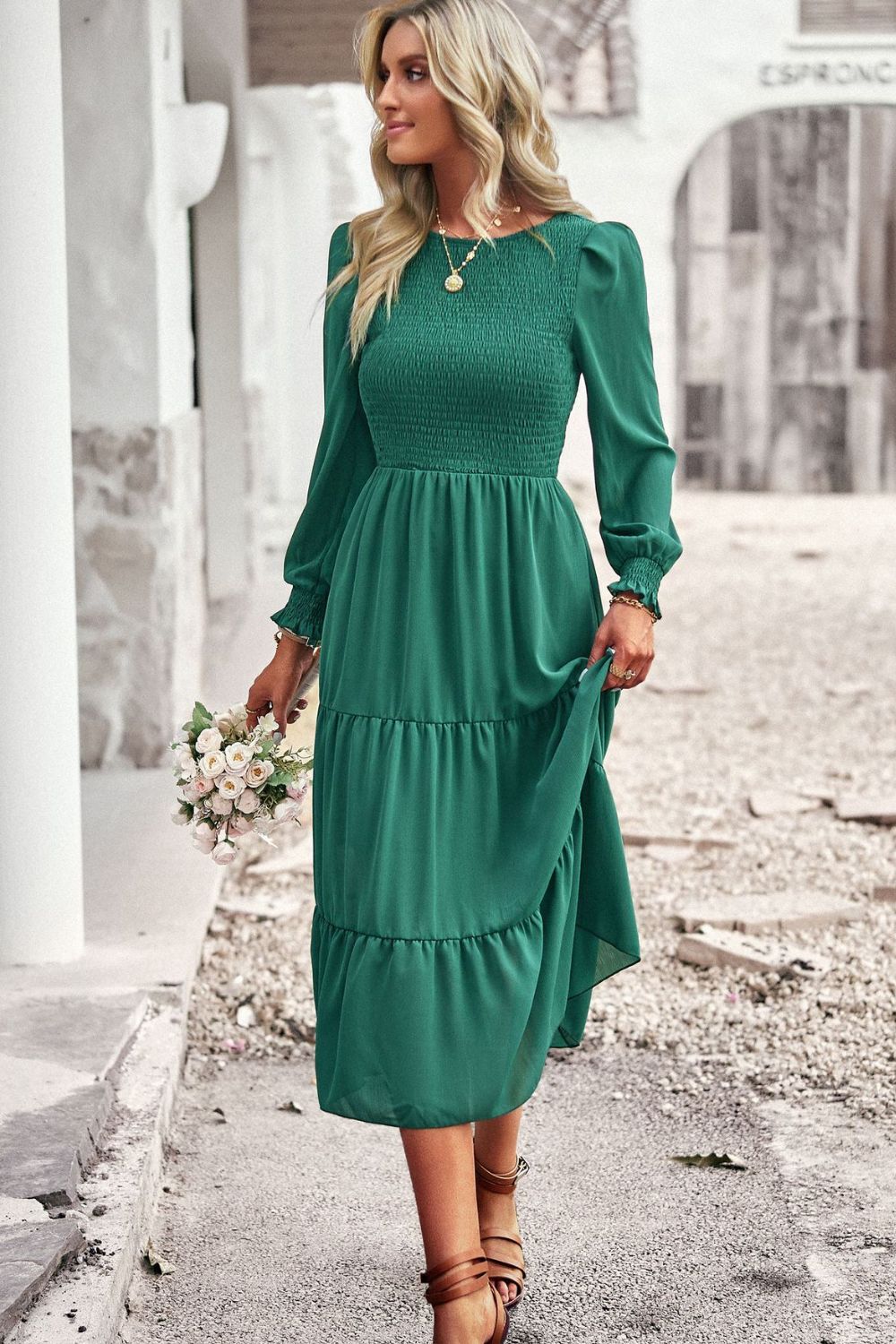 Elegant Smocked Bodice Flounce Long Sleeve Lined Midi Dress