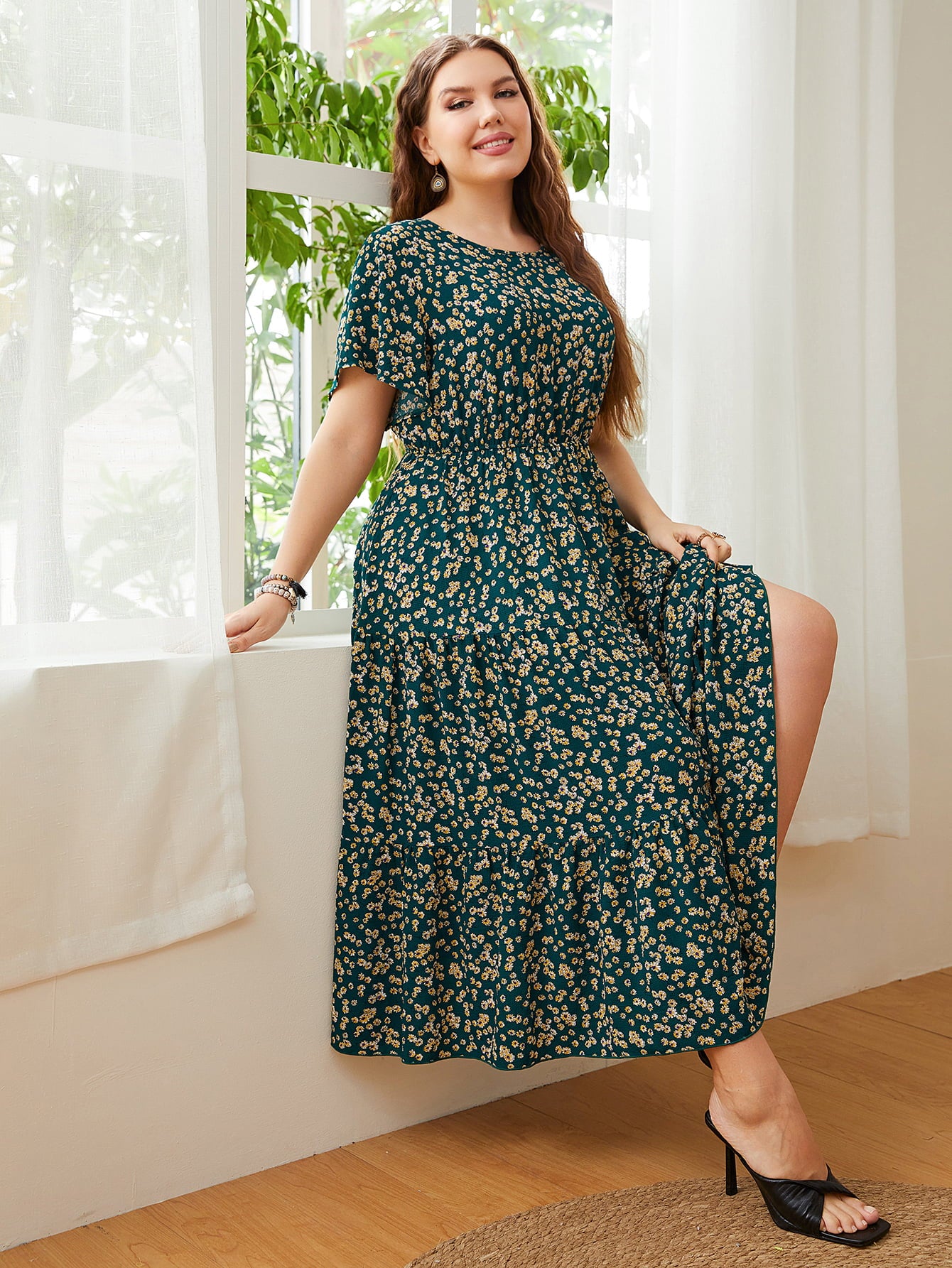 Classy Floral Round Neck Short Sleeve Modest Midi Dress